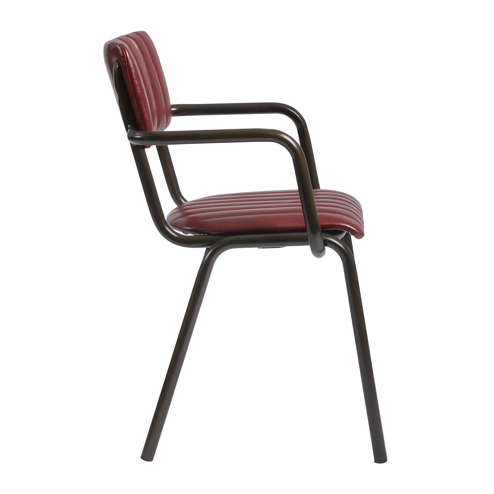 Side view of a Tavo Stacking Arm Chair - Ribbed - Lascari Vintage Red featuring a metal frame and ribbed vintage red upholstered seat and backrest, designed for commercial and hospitality use.