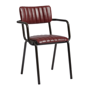 Tavo Stacking Arm Chair - Ribbed - Lascari Vintage Red with a ribbed vintage red upholstered seat and backrest, featuring a sturdy black metal frame and armrests, ideal for commercial interiors.