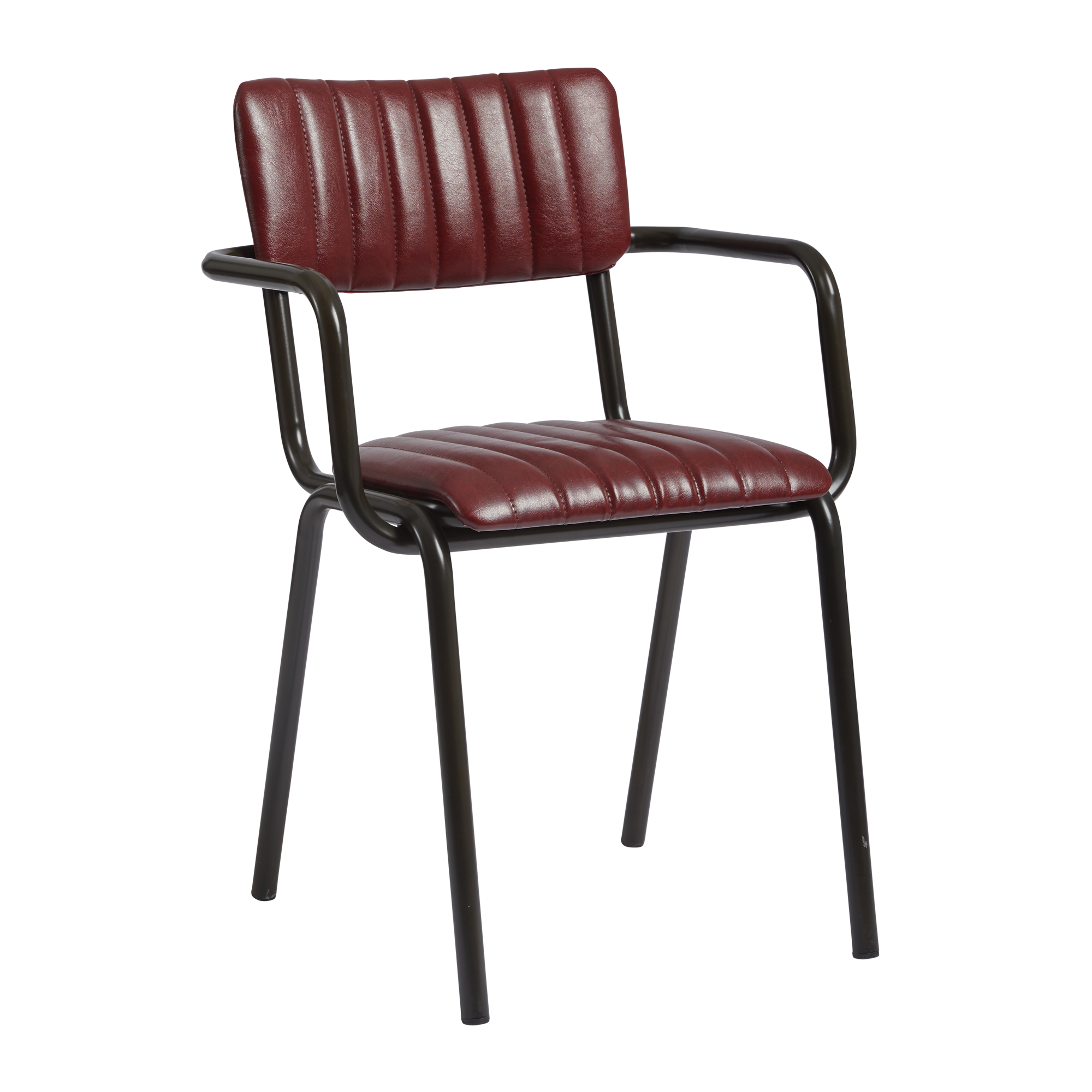 Tavo Stacking Arm Chair - Ribbed - Lascari Vintage Red with a ribbed vintage red upholstered seat and backrest, featuring a sturdy black metal frame and armrests, ideal for commercial interiors.