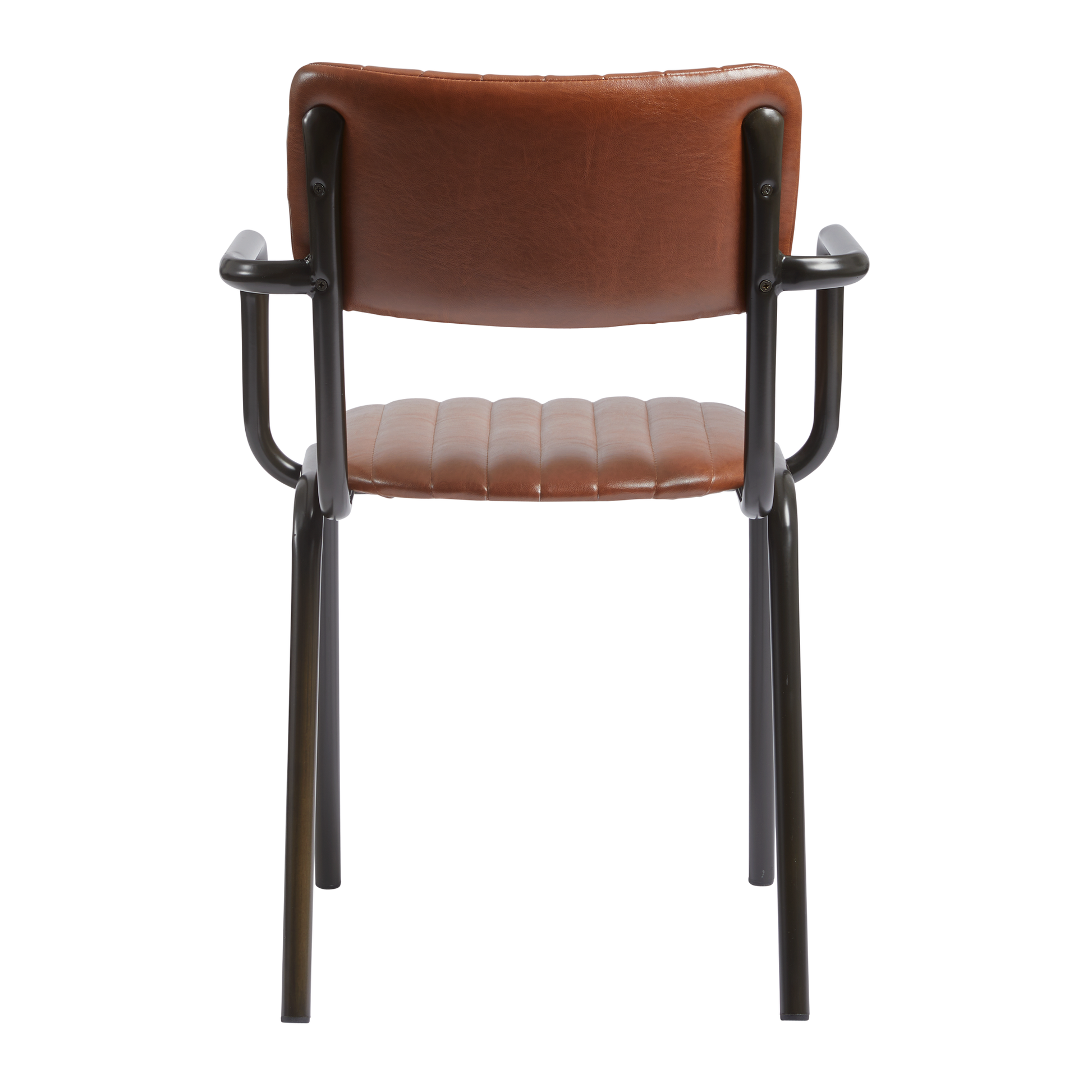 Tavo Stacking Arm Chair - Ribbed - Lascari Vintage Tan with ribbed vintage tan leather upholstery and black metal frame, designed for commercial and hospitality environments.