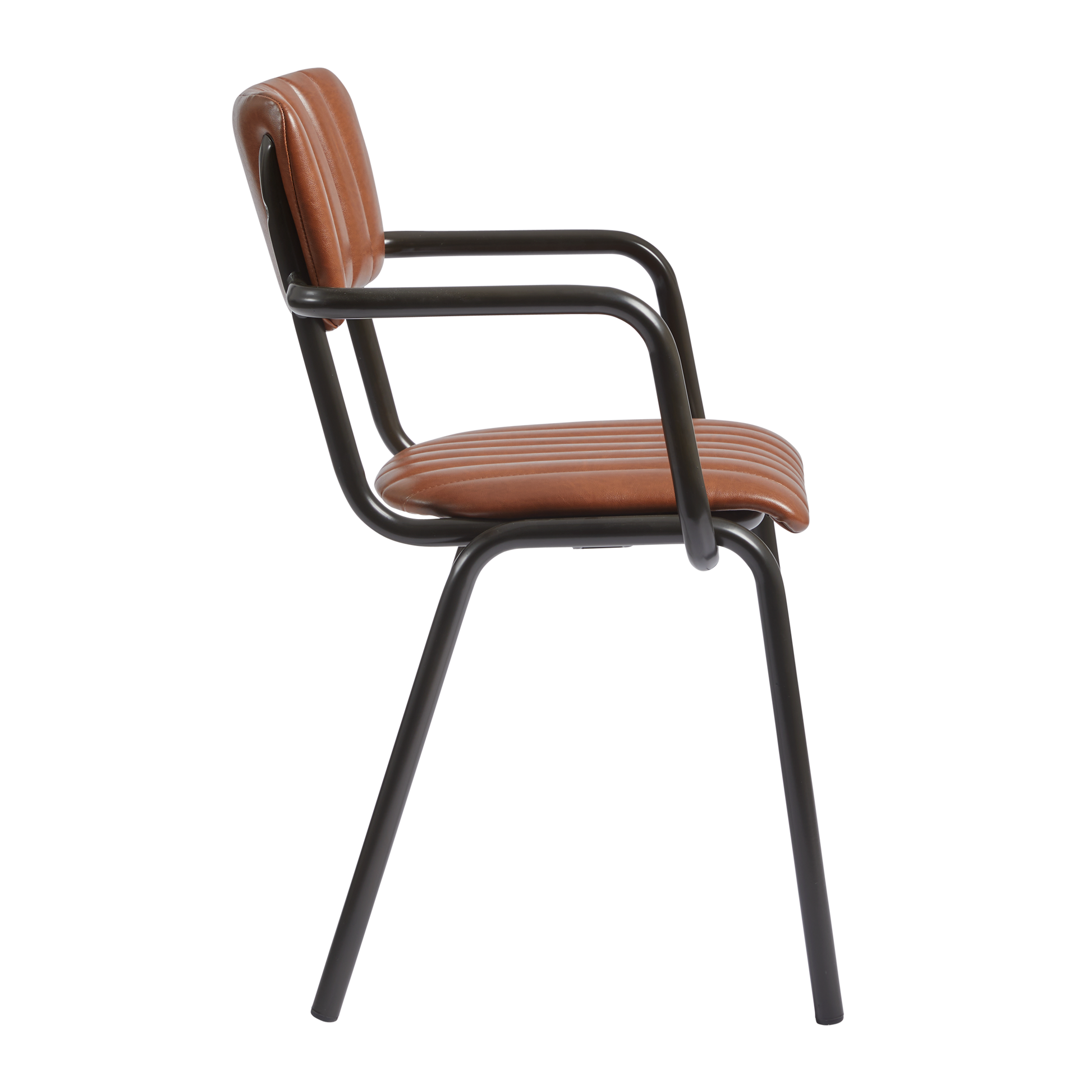 Tavo Stacking Arm Chair - Ribbed - Lascari Vintage Tan with ribbed vintage tan upholstery and black metal frame, designed for commercial and hospitality environments.