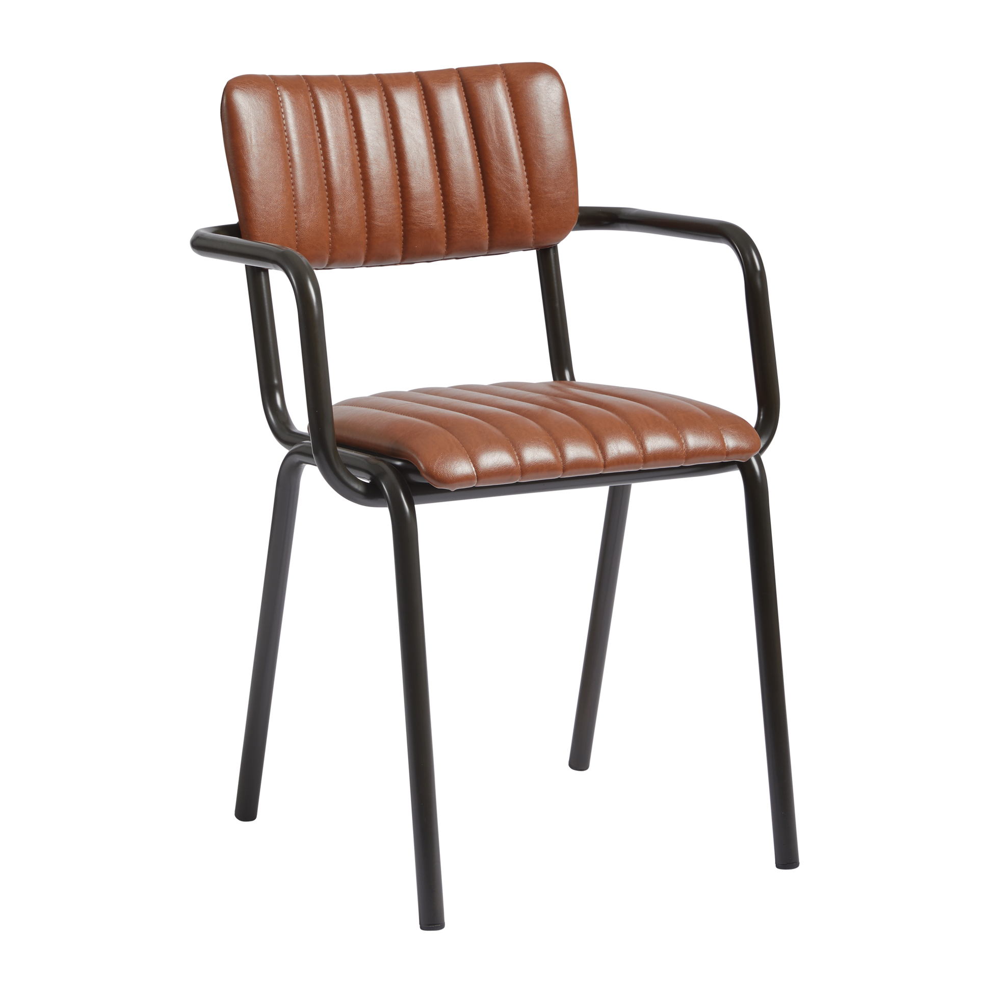 Tavo Stacking Arm Chair - Ribbed - Lascari Vintage Tan with ribbed vintage tan upholstery and black metal frame, designed for stylish and durable seating.