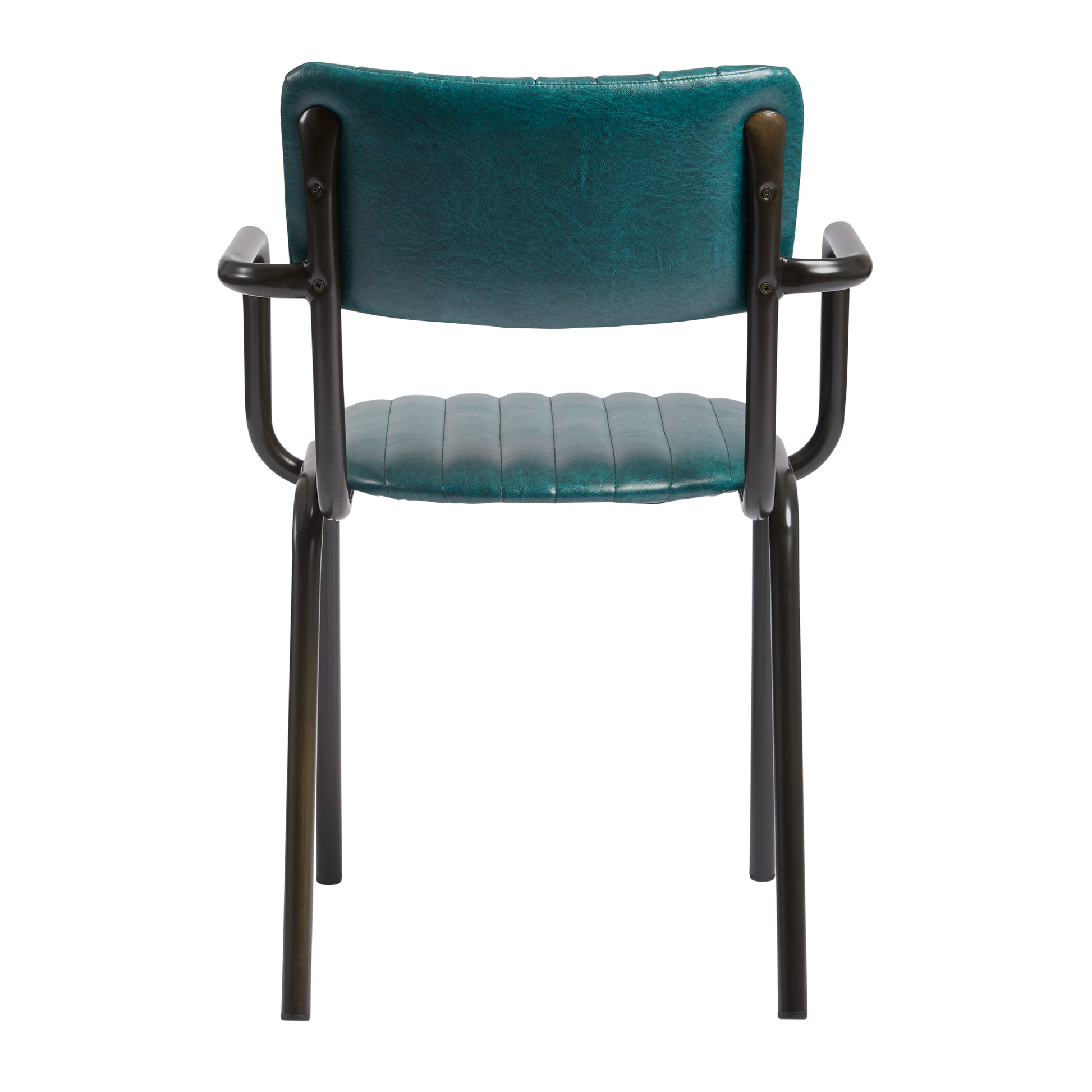 Rear view of Tavo Stacking Arm Chair - Ribbed - Lascari Vintage Teal with ribbed teal upholstery and black metal frame, designed for commercial and hospitality environments.