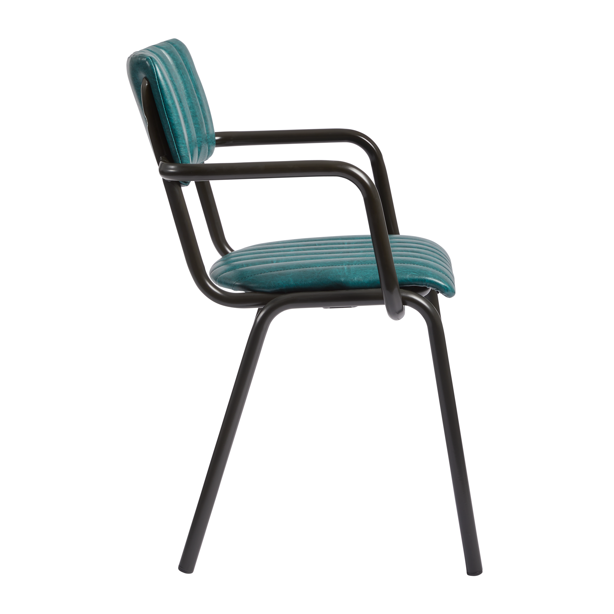 Tavo Stacking Arm Chair - Ribbed - Lascari Vintage Teal featuring ribbed teal upholstery, black metal frame, and armrests, designed for commercial seating and stacking convenience.