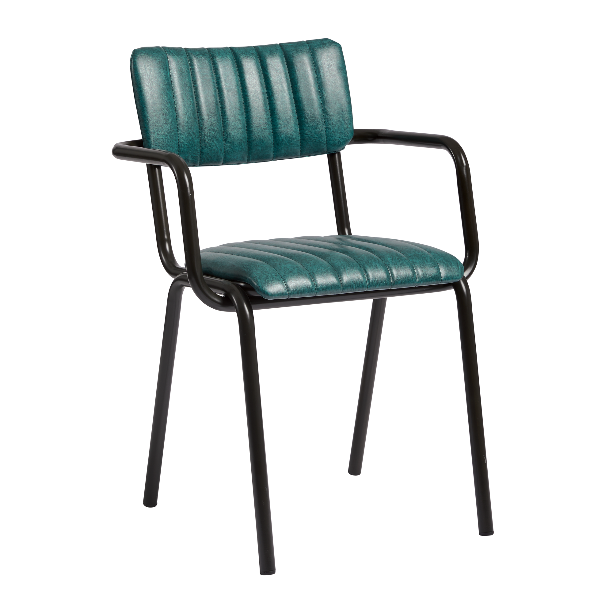 Tavo Stacking Arm Chair - Ribbed - Lascari Vintage Teal with ribbed upholstered seat and backrest in vintage teal, featuring a sturdy black metal frame and armrests.