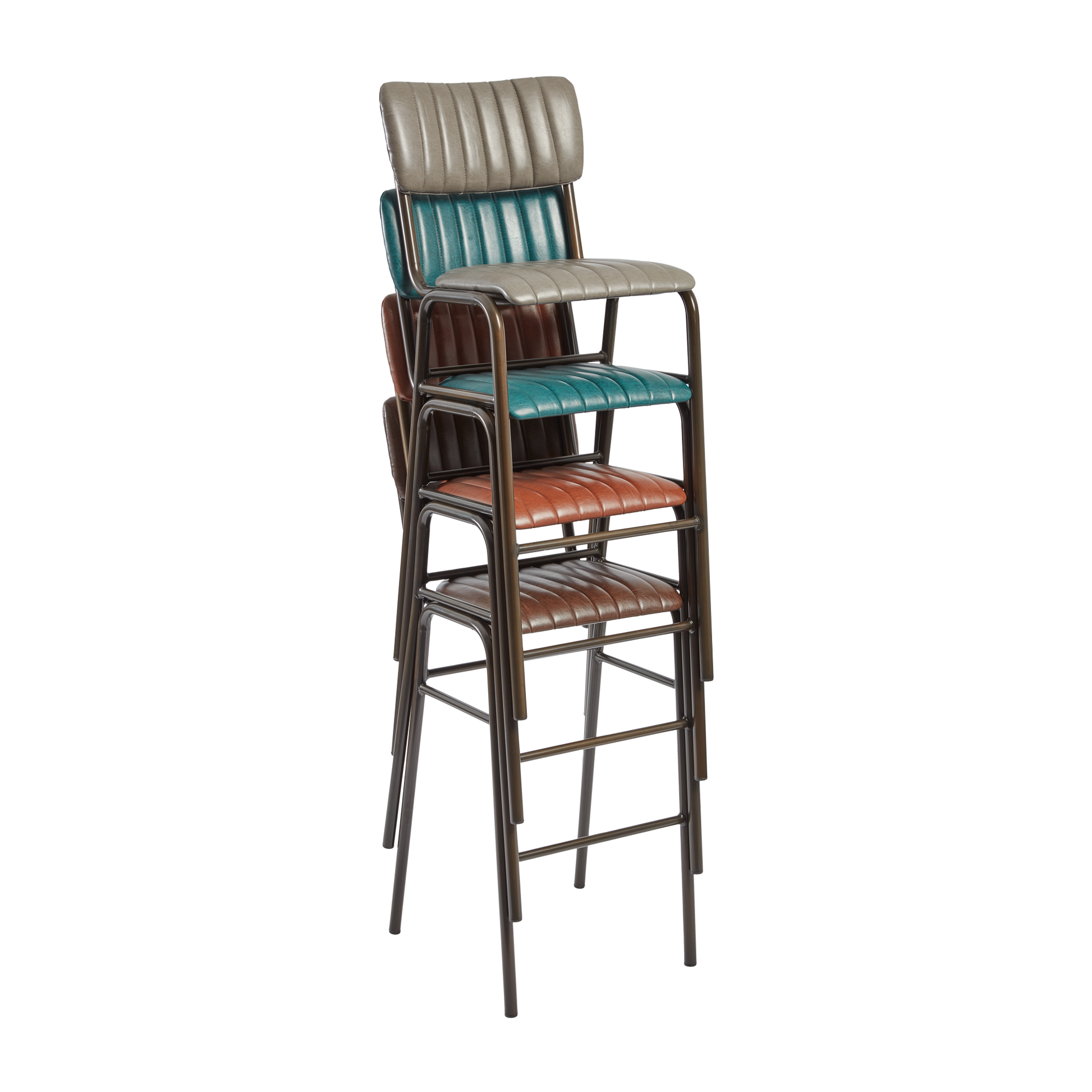 Stack of four Tavo Stacking Bar Stool - Ribbed - Lascari Vintage Tan in various colors with metal frames and ribbed upholstery, designed for commercial and hospitality use.