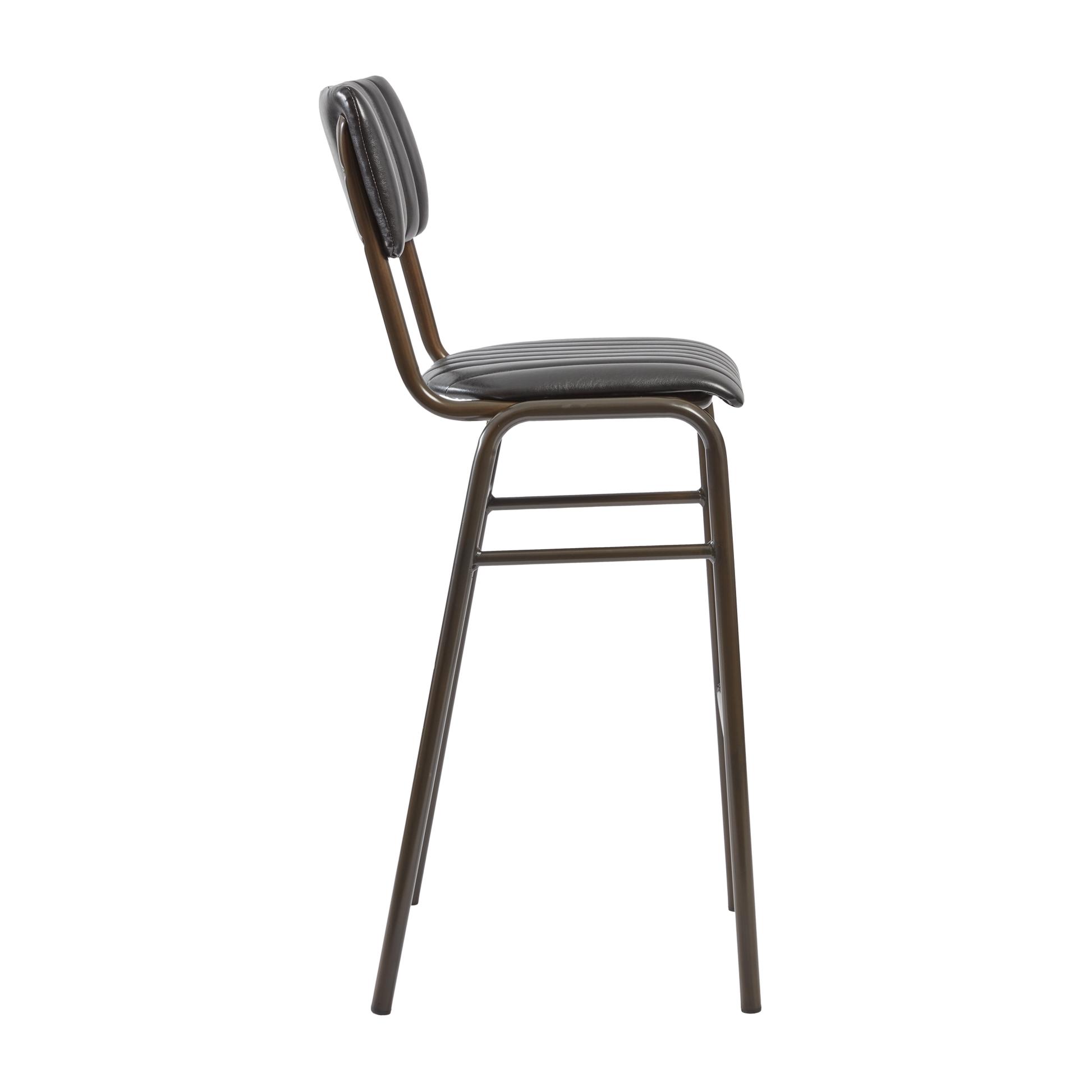 Tavo Stacking Bar Stool - Ribbed - Lascari Vintage Black with ribbed cushioned seat and backrest, featuring a sleek dark metal frame designed for commercial or hospitality settings.