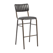 Tavo Stacking Bar Stool - Ribbed - Lascari Vintage Black with ribbed leather seat and backrest, supported by a slim metal frame, designed for stylish and practical commercial or hospitality use.
