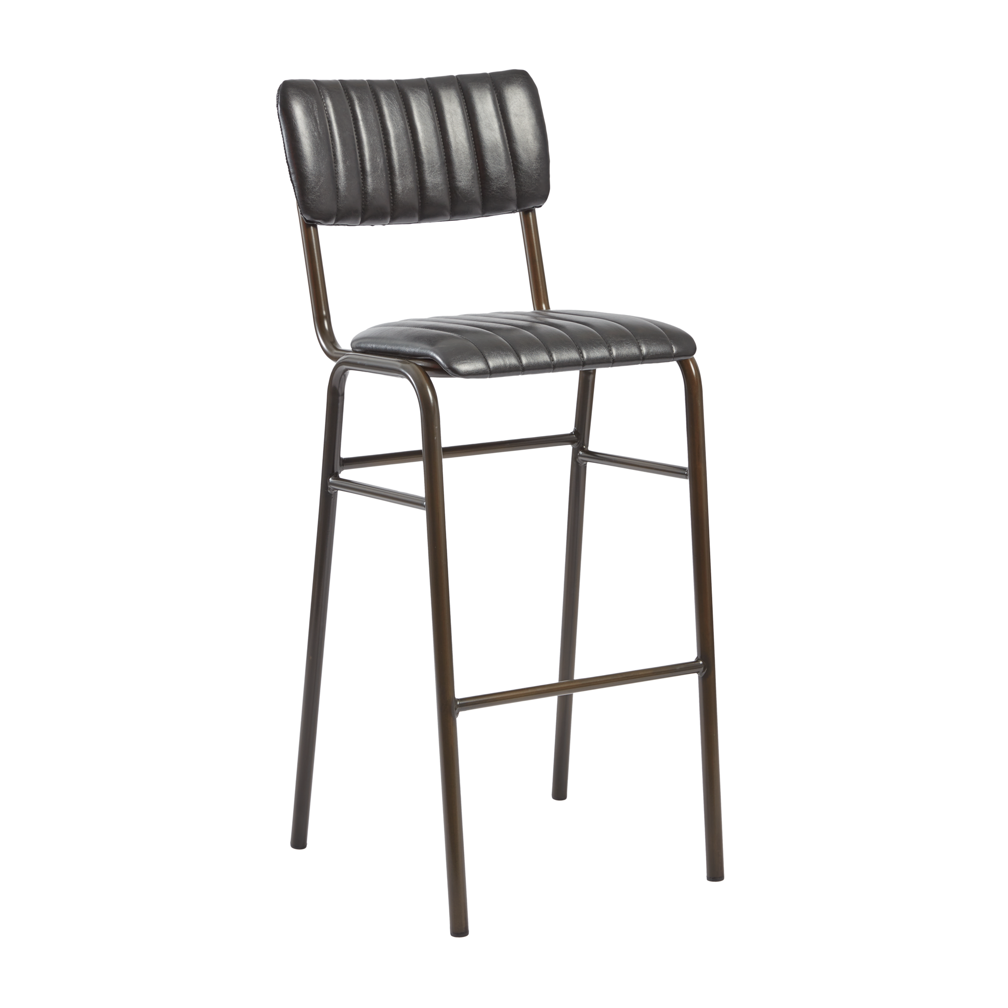 Tavo Stacking Bar Stool - Ribbed - Lascari Vintage Black with ribbed leather seat and backrest, supported by a slim metal frame, designed for stylish and practical commercial or hospitality use.