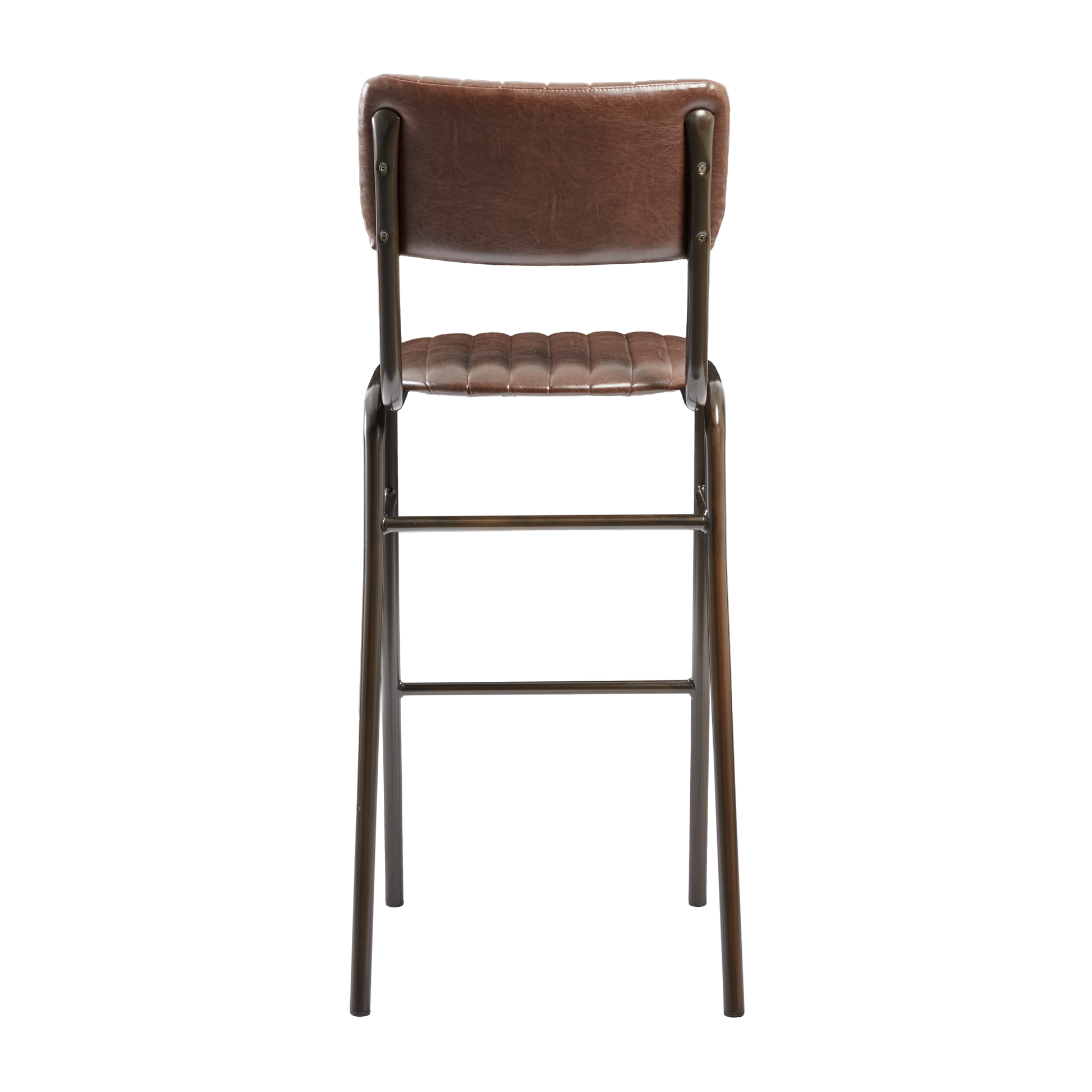 Rear view of the Tavo Stacking Bar Stool - Ribbed - Lascari Vintage Brown showing ribbed vintage brown upholstery and sturdy dark metal frame designed for commercial and hospitality settings.