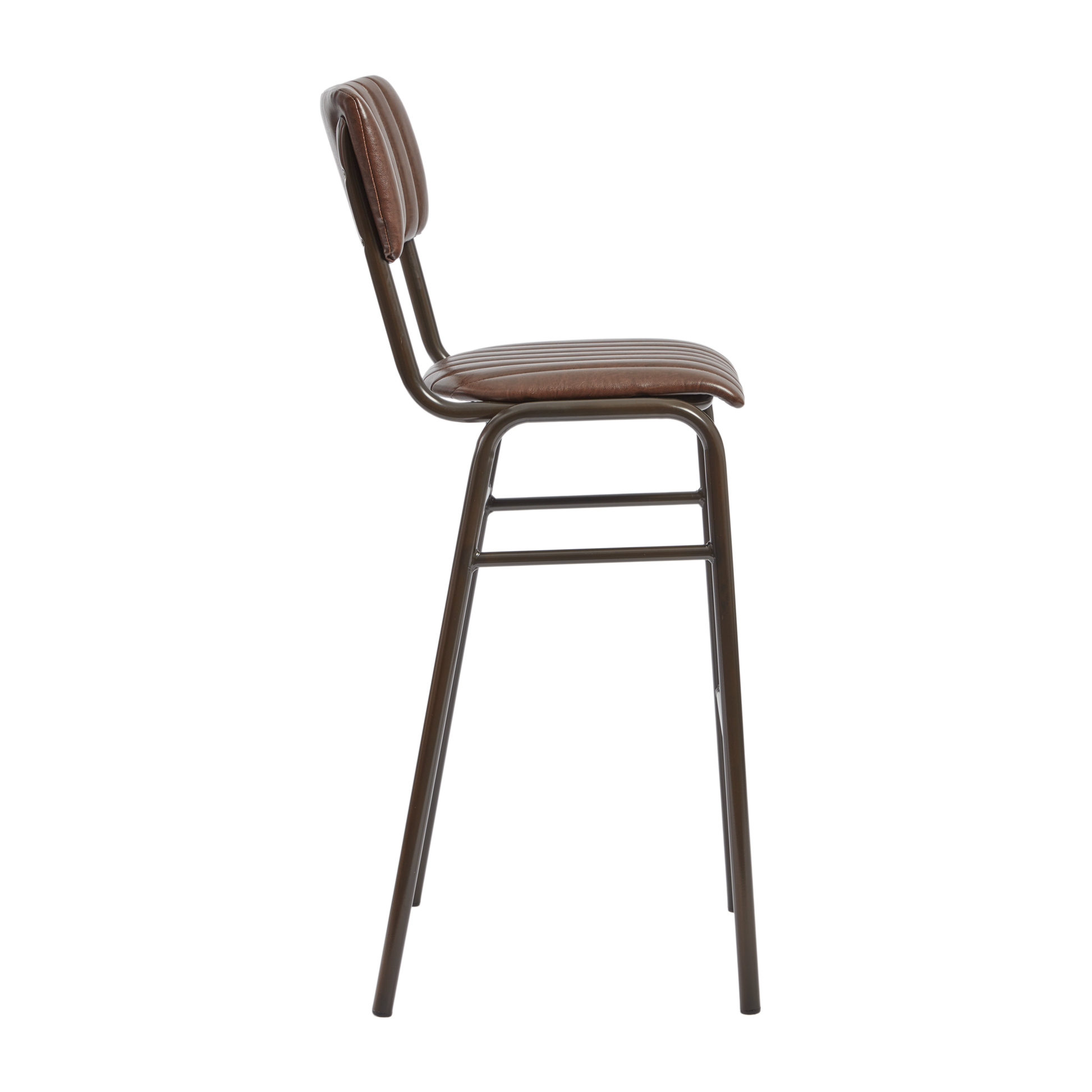 Tavo Stacking Bar Stool - Ribbed - Lascari Vintage Brown with a ribbed padded seat and backrest, supported by a sturdy metal frame, designed for commercial and hospitality use.
