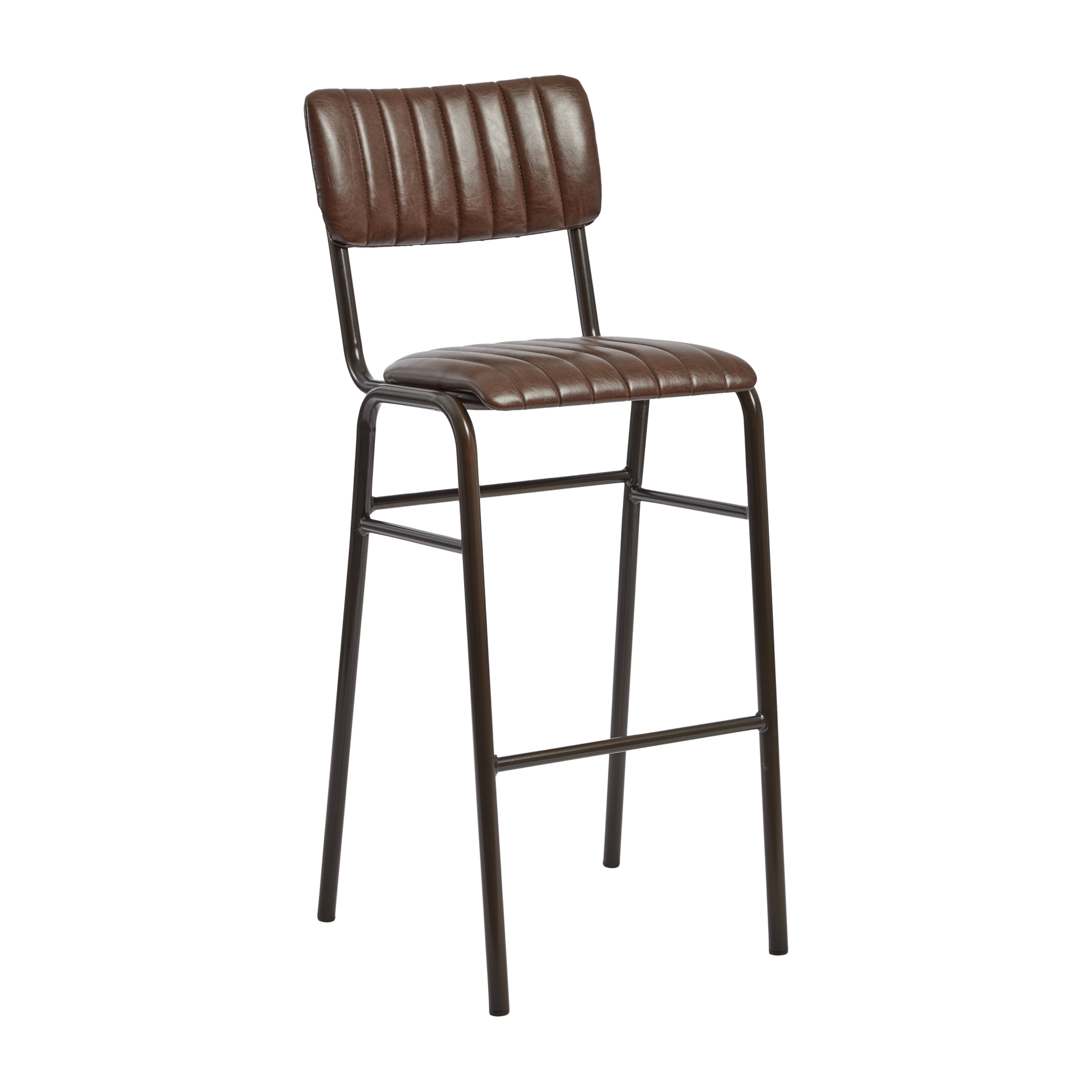 Tavo Stacking Bar Stool - Ribbed - Lascari Vintage Brown with ribbed vintage brown upholstery and sturdy black metal frame, designed for commercial and hospitality settings.