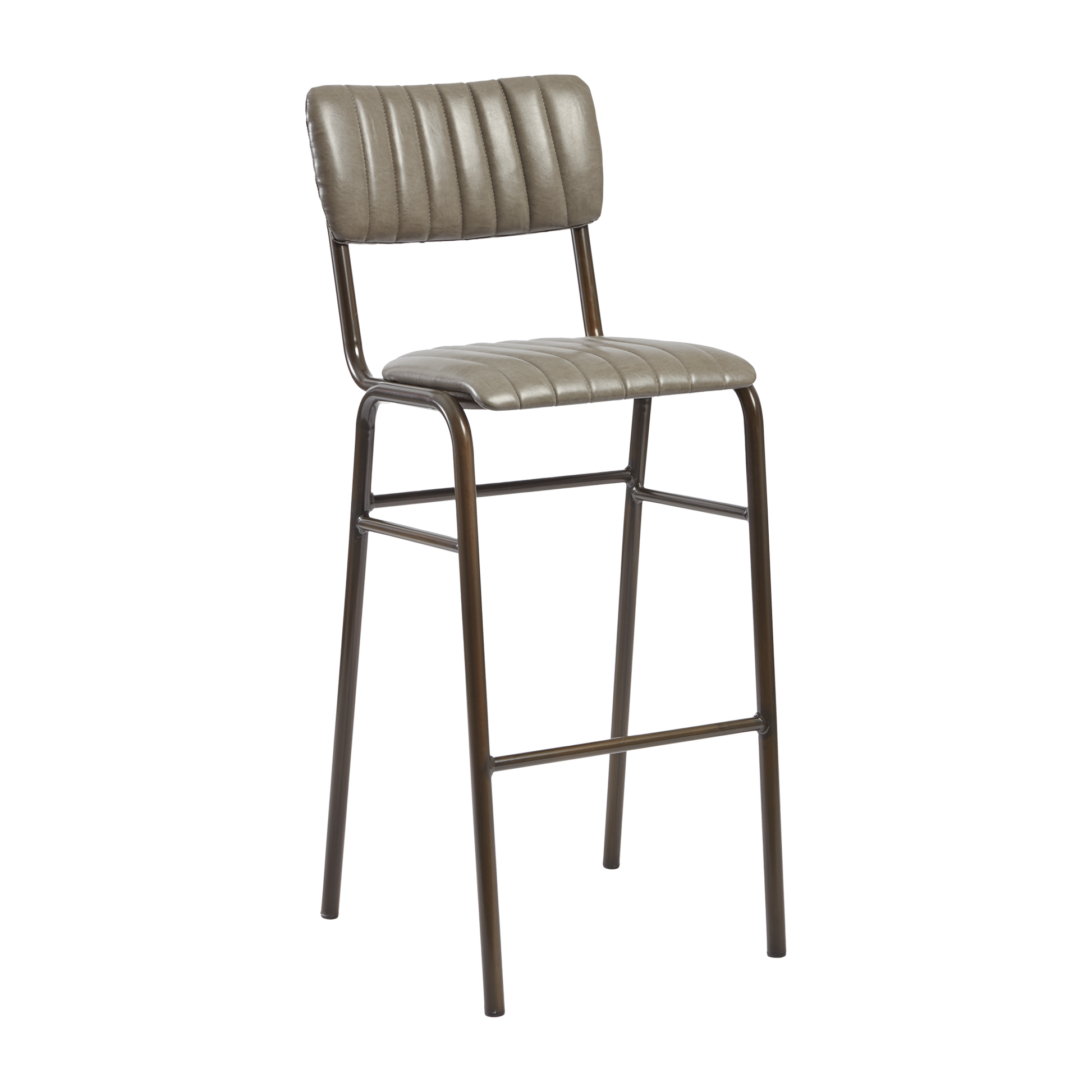 Tavo Stacking Bar Stool - Ribbed - Lascari Vintage Dark Grey with ribbed upholstered seat and backrest, supported by a sleek dark metal frame, ideal for commercial and hospitality spaces.