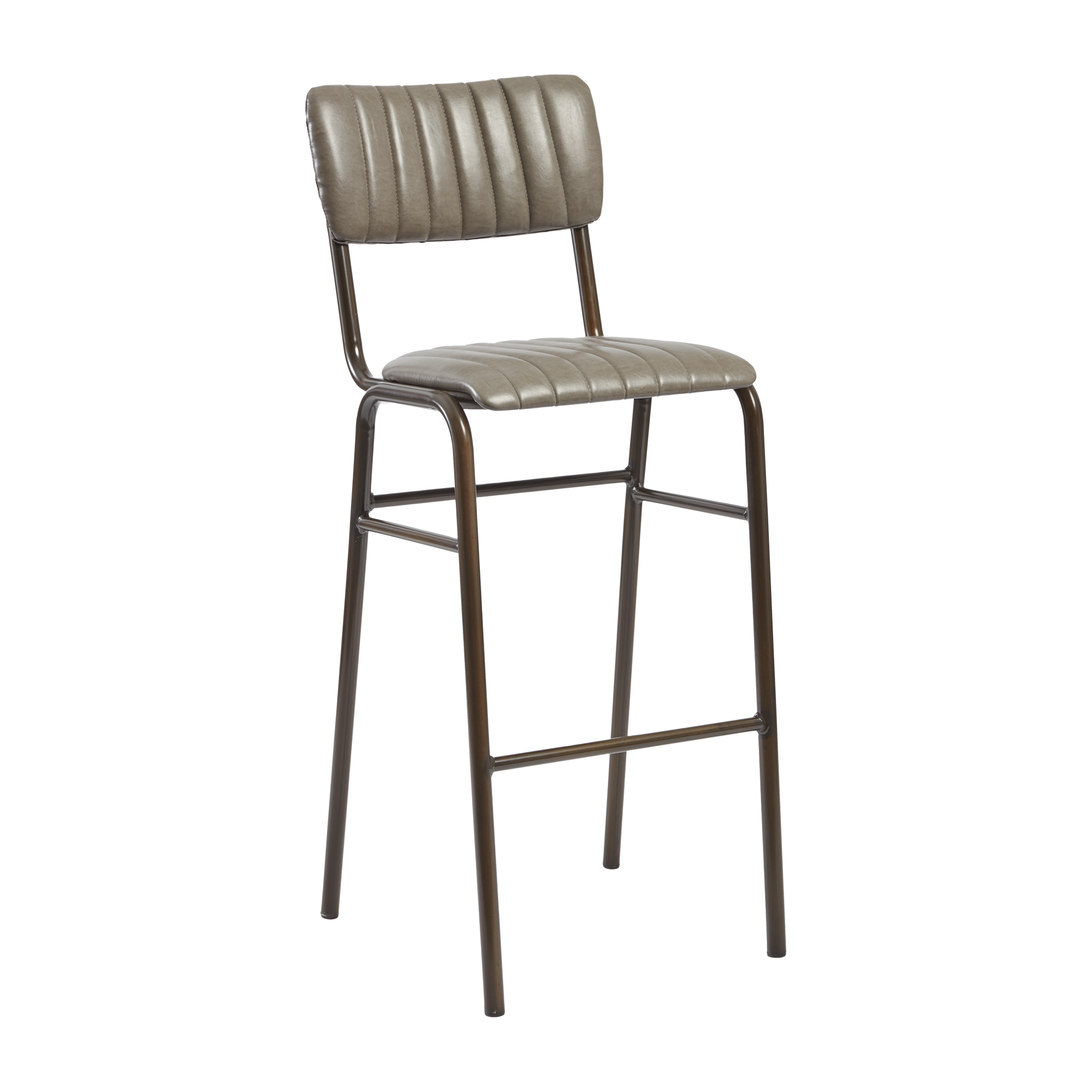 Tavo Stacking Bar Stool - Ribbed - Lascari Vintage Dark Grey with ribbed upholstered seat and backrest, supported by a sleek dark metal frame, ideal for commercial and hospitality spaces.