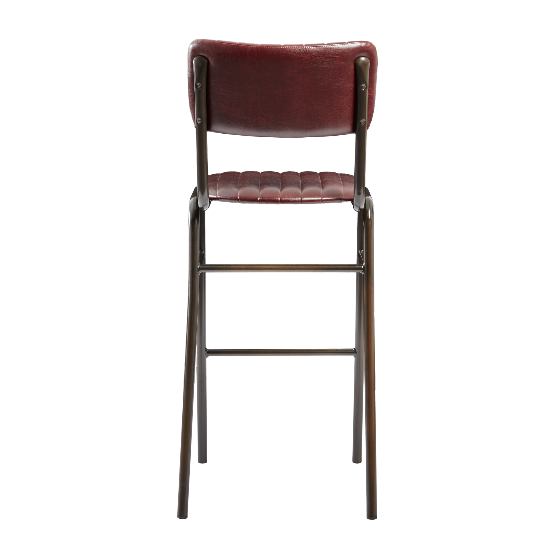 Tavo Stacking Bar Stool - Ribbed - Lascari Vintage Red with ribbed vintage red upholstery, dark metal frame, designed for comfortable stacking and commercial use in hospitality environments.