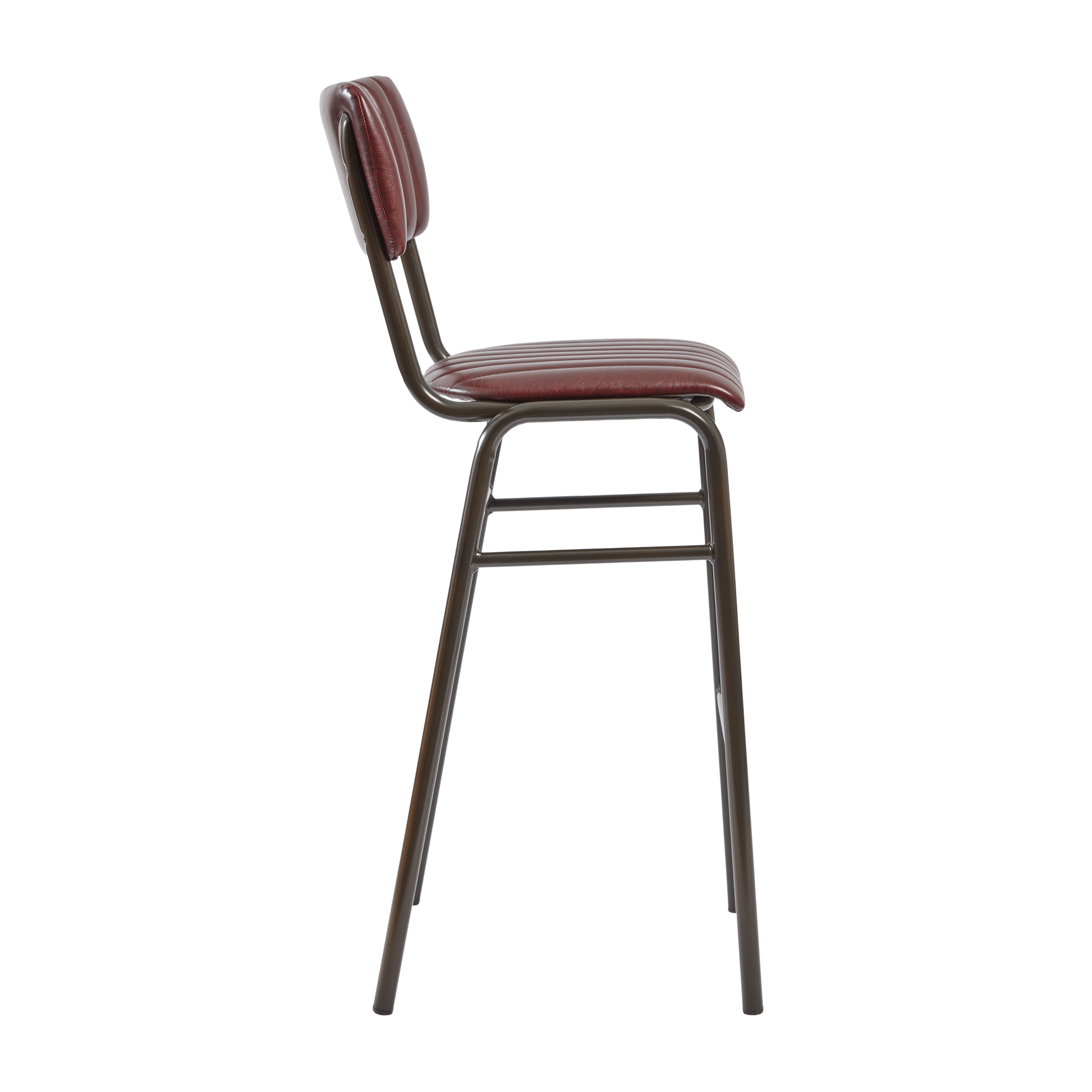 Tavo Stacking Bar Stool - Ribbed - Lascari Vintage Red with ribbed cushioned seat and backrest, supported by a slender metal frame in a modern industrial design.