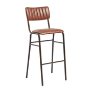 Tavo Stacking Bar Stool - Ribbed - Lascari Vintage Tan features a ribbed vintage tan leather seat and backrest with a sleek black metal frame, designed for commercial and hospitality settings.