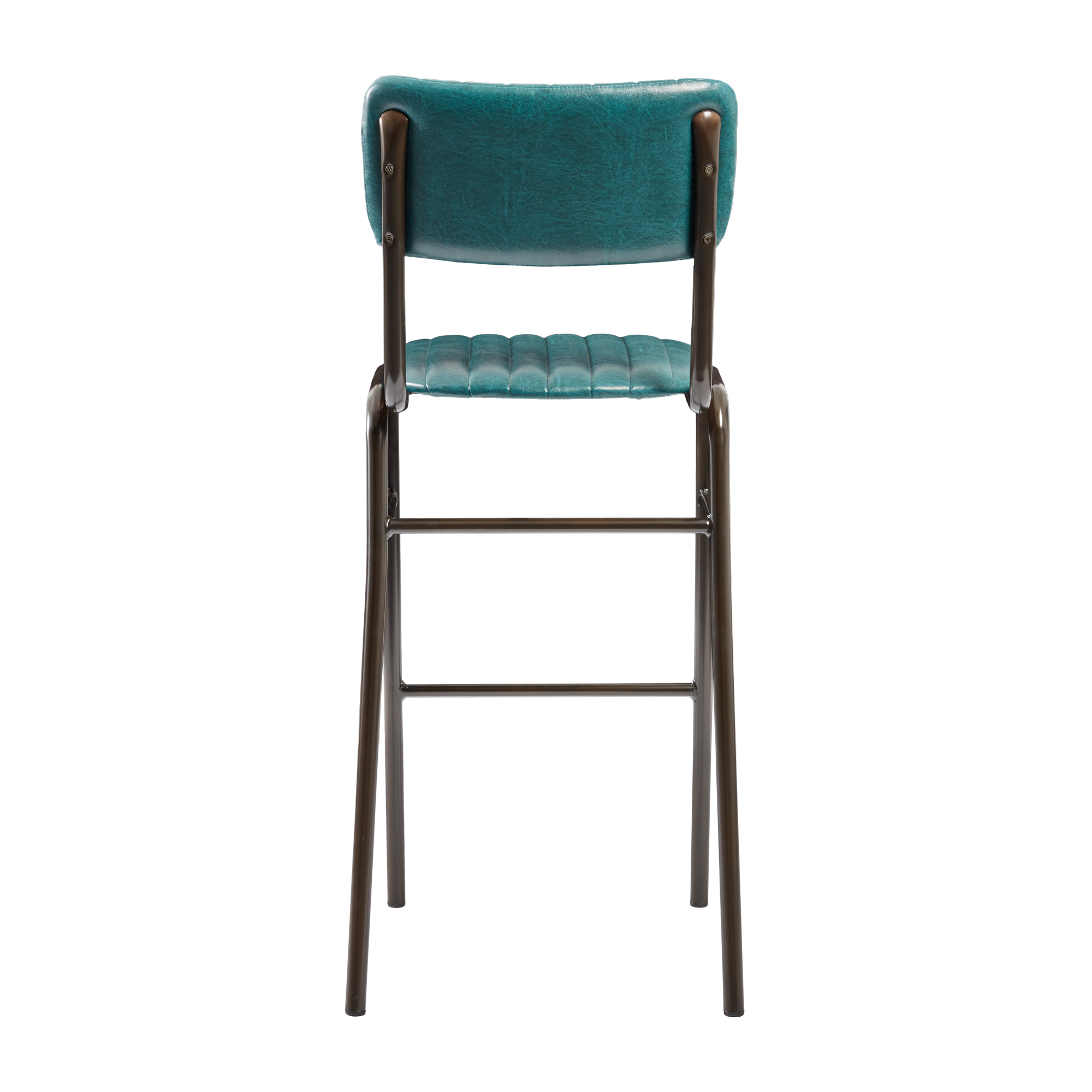Rear view of Tavo Stacking Bar Stool - Ribbed - Lascari Vintage Teal with teal ribbed upholstery and sturdy dark metal frame, designed for commercial and hospitality environments.