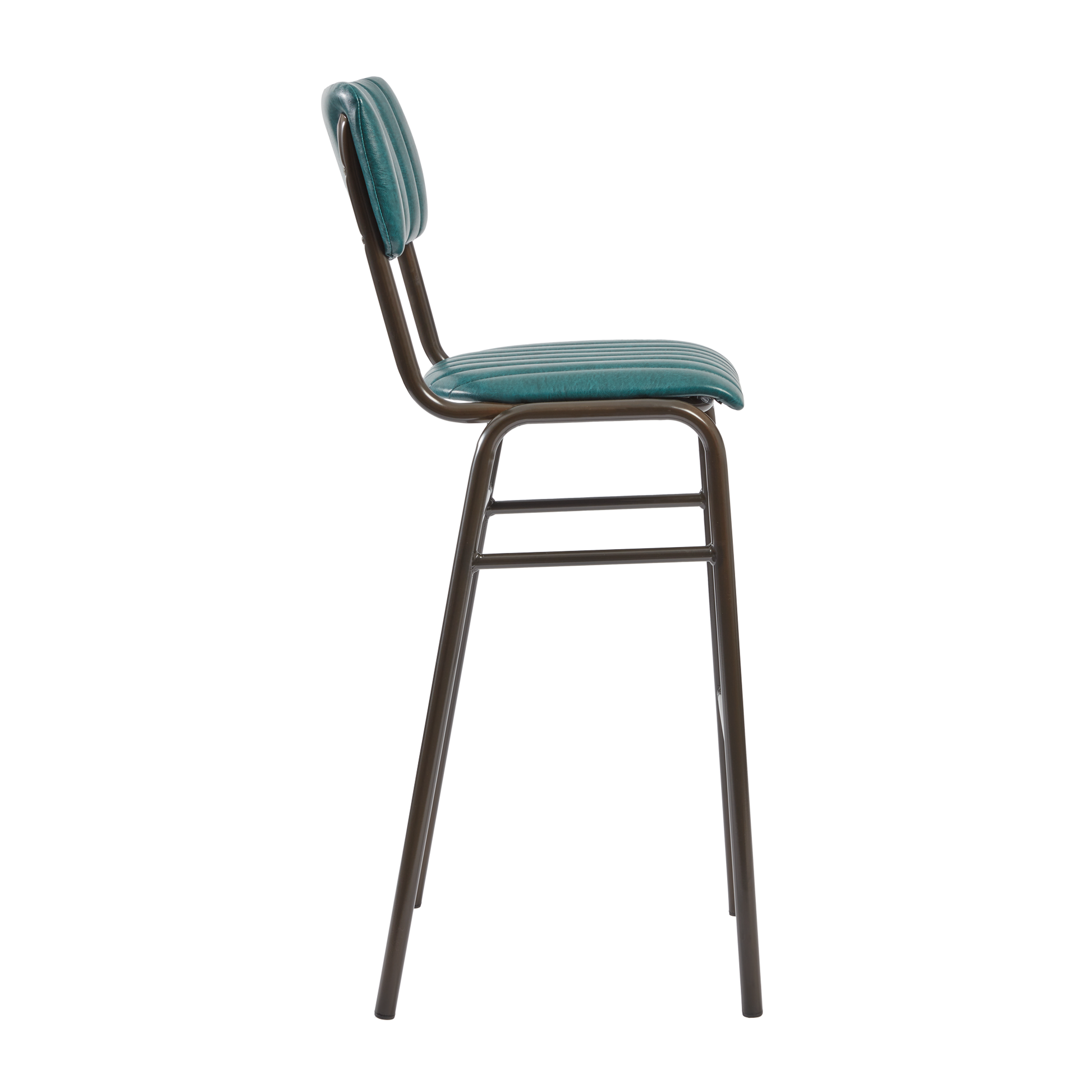 Tavo Stacking Bar Stool - Ribbed - Lascari Vintage Teal featuring a ribbed vintage teal upholstered seat and backrest with a sleek dark metal frame, designed for stylish commercial spaces.