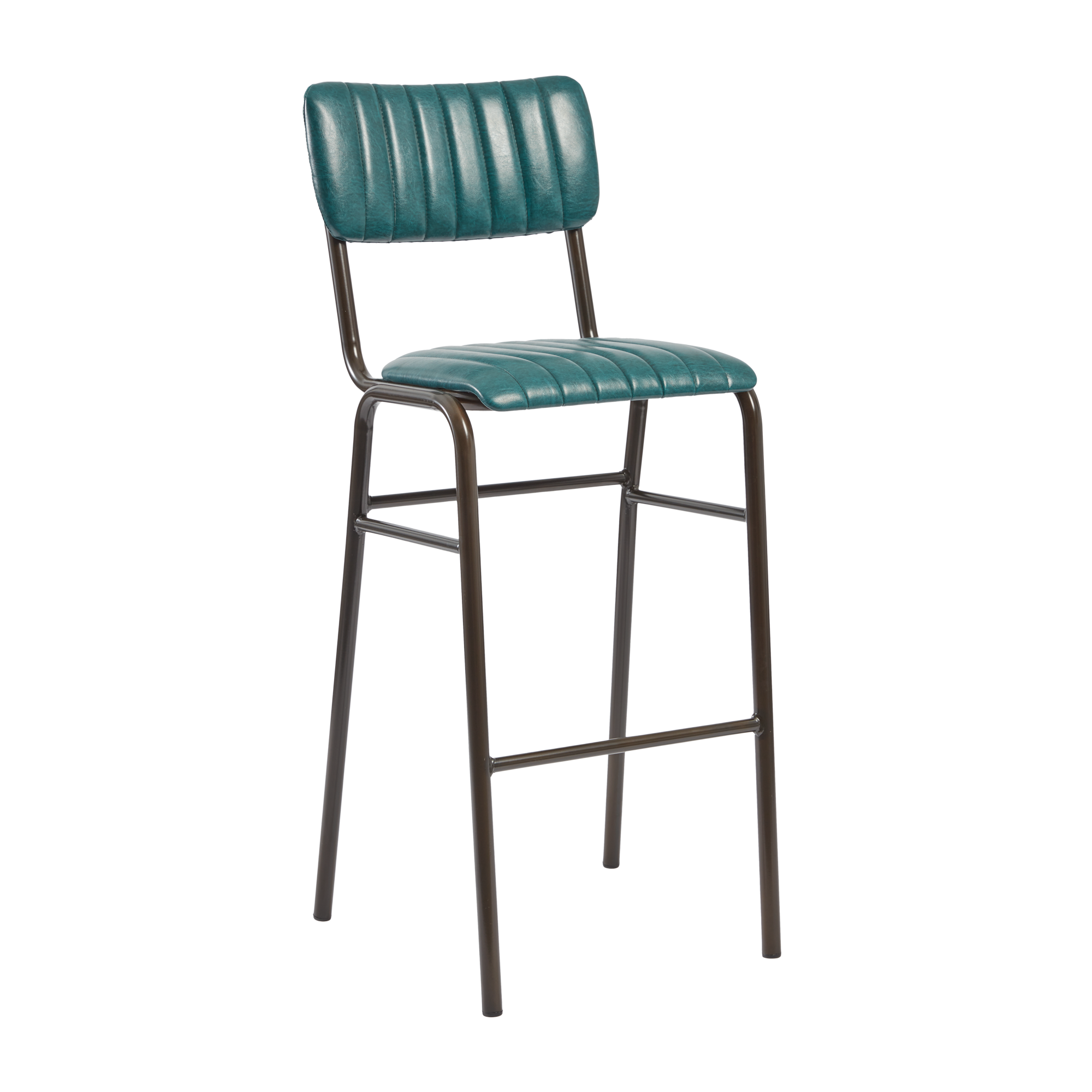Tavo Stacking Bar Stool - Ribbed - Lascari Vintage Teal with ribbed teal upholstery and slender black metal frame, designed for commercial interiors and hospitality settings.