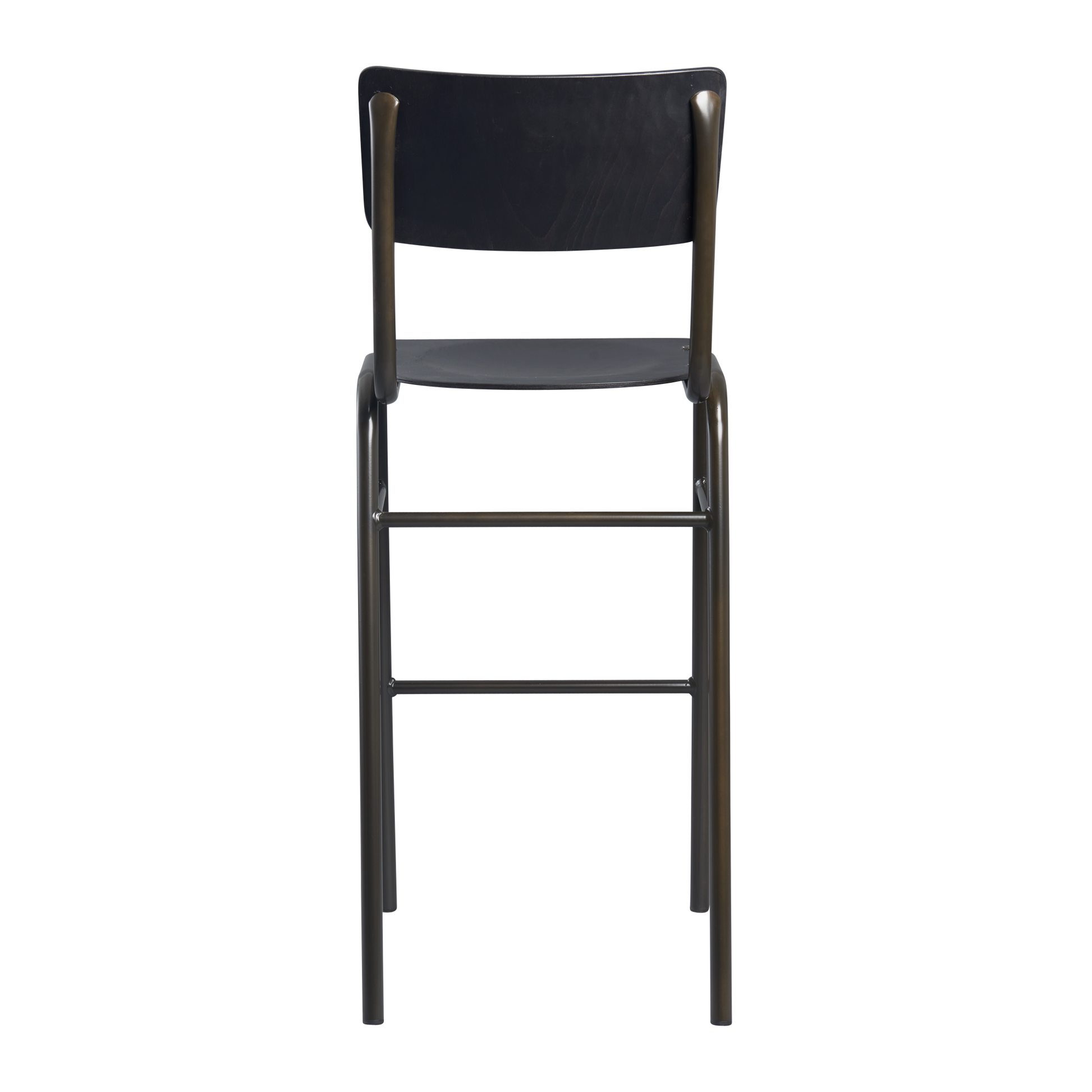 Tavo Stacking Bar Stool - Wooden Seat & Back - Black featuring a sleek black wooden backrest and seat with sturdy black metal legs, designed for commercial and hospitality use.