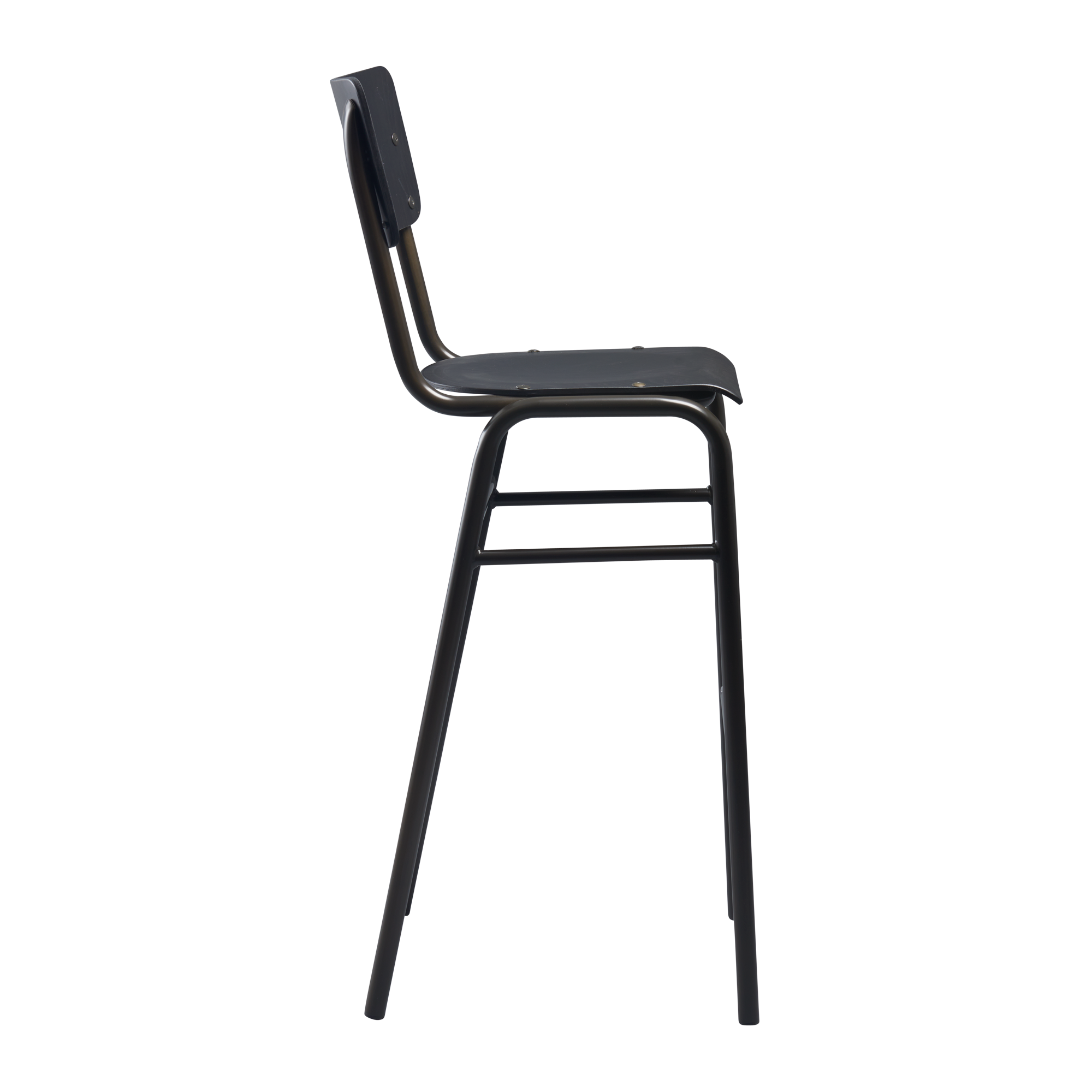 Tavo Stacking Bar Stool - Wooden Seat & Back - Black with a sleek metal frame, designed for commercial environments requiring durable and stylish contract furniture.