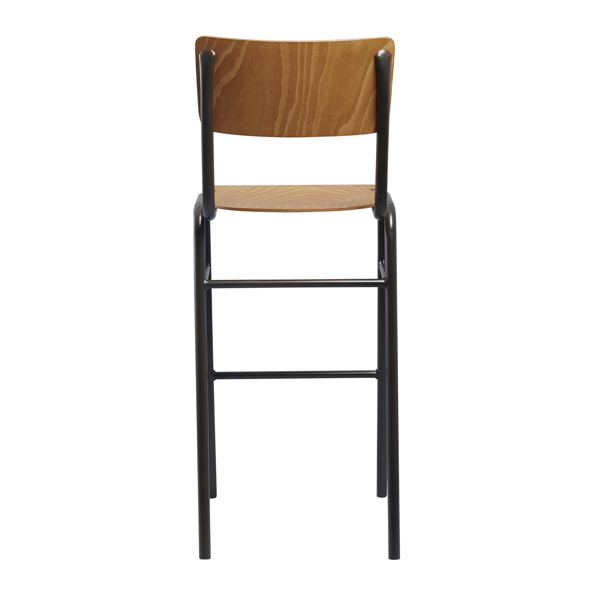 Tavo Stacking Bar Stool - Wooden Seat & Back - Oak with a black metal frame, designed for durability and commercial use, featuring a smooth oak finish on the seat and backrest.