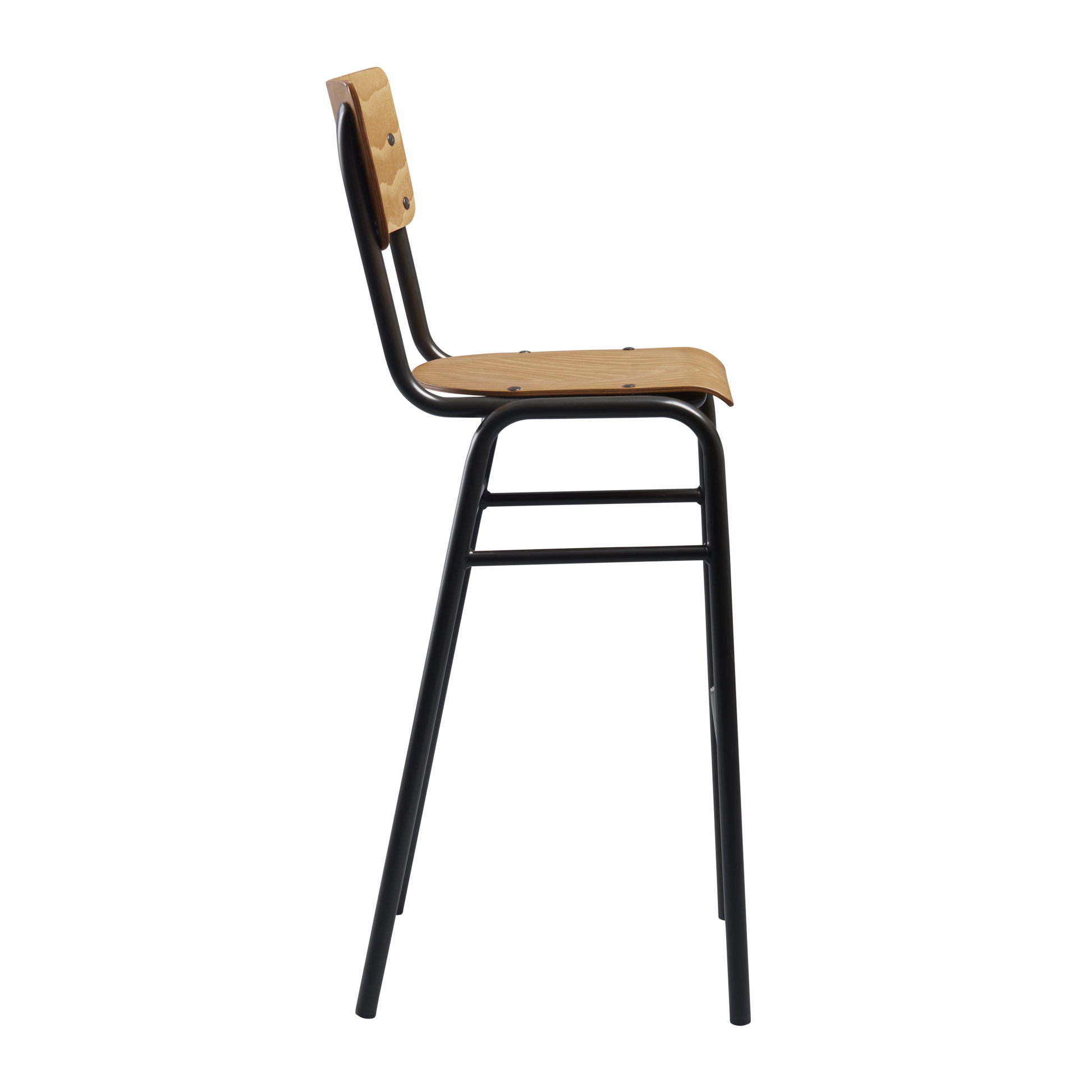Side view of the Tavo Stacking Bar Stool - Wooden Seat & Back - Oak, featuring a black metal frame with a curved oak wooden seat and backrest designed for commercial interiors.