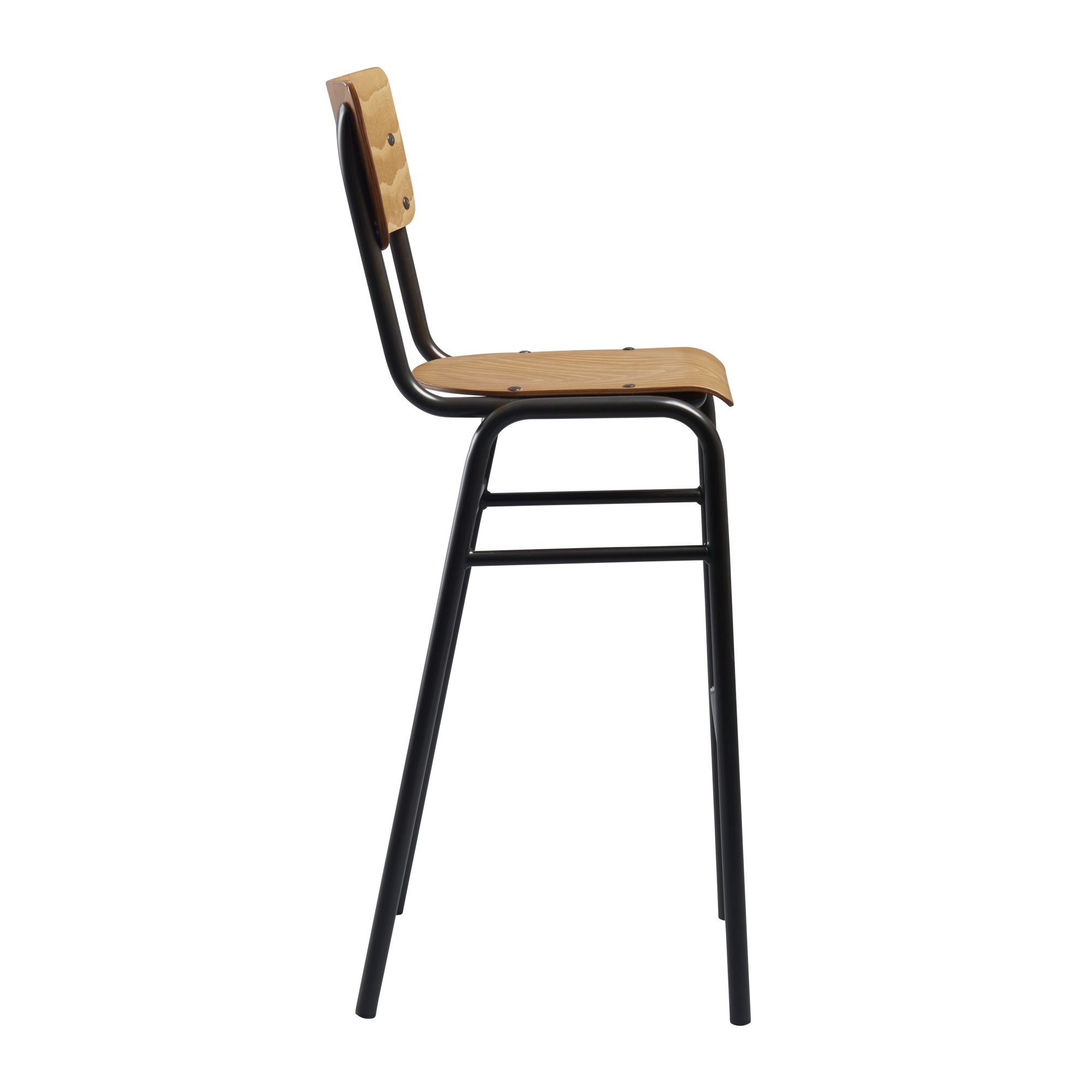 Side view of the Tavo Stacking Bar Stool - Wooden Seat & Back - Oak, featuring a black metal frame with a curved oak wooden seat and backrest designed for commercial interiors.