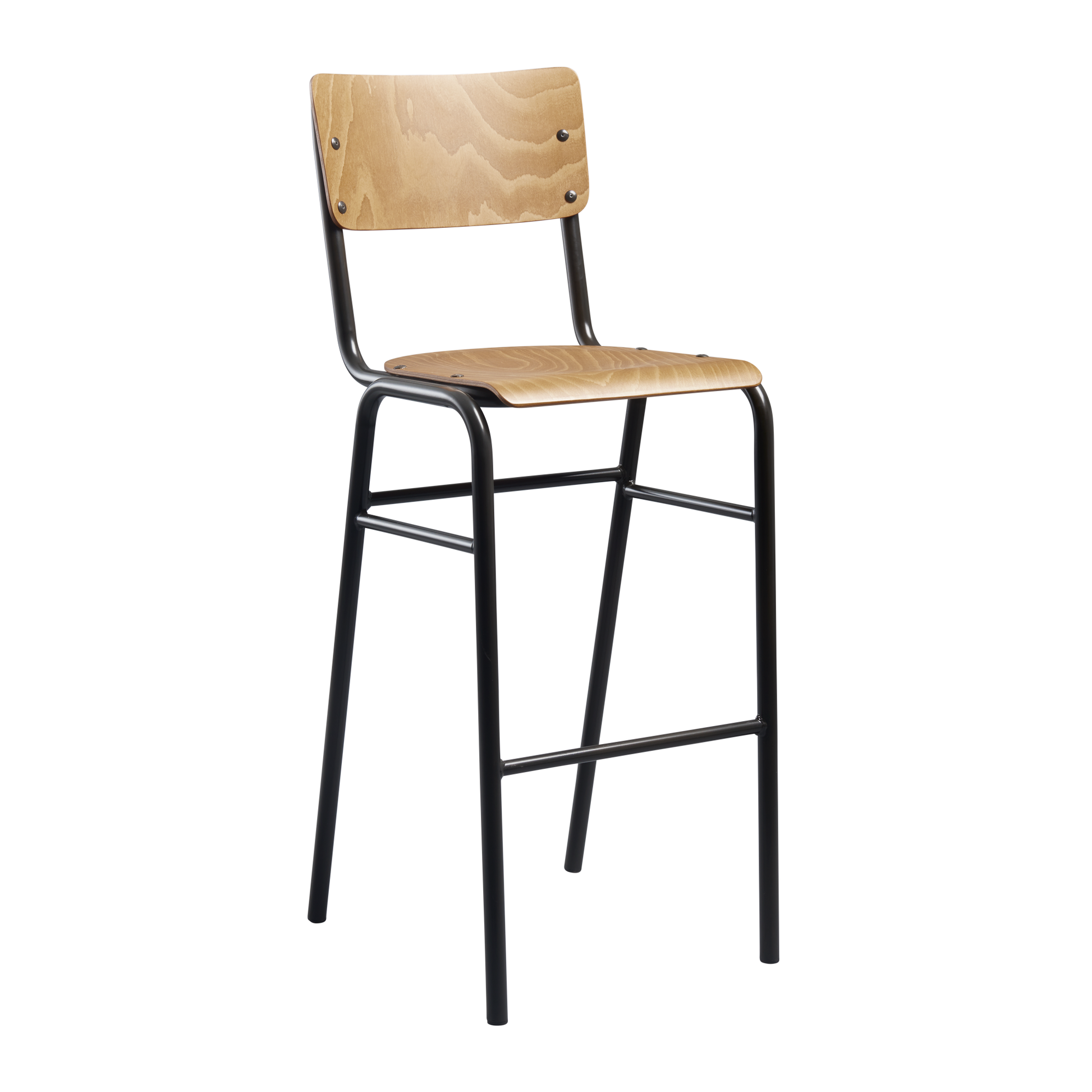 Tavo Stacking Bar Stool - Wooden Seat & Back - Oak with a sleek black metal frame, designed for commercial and hospitality settings combining durability and minimalist style.