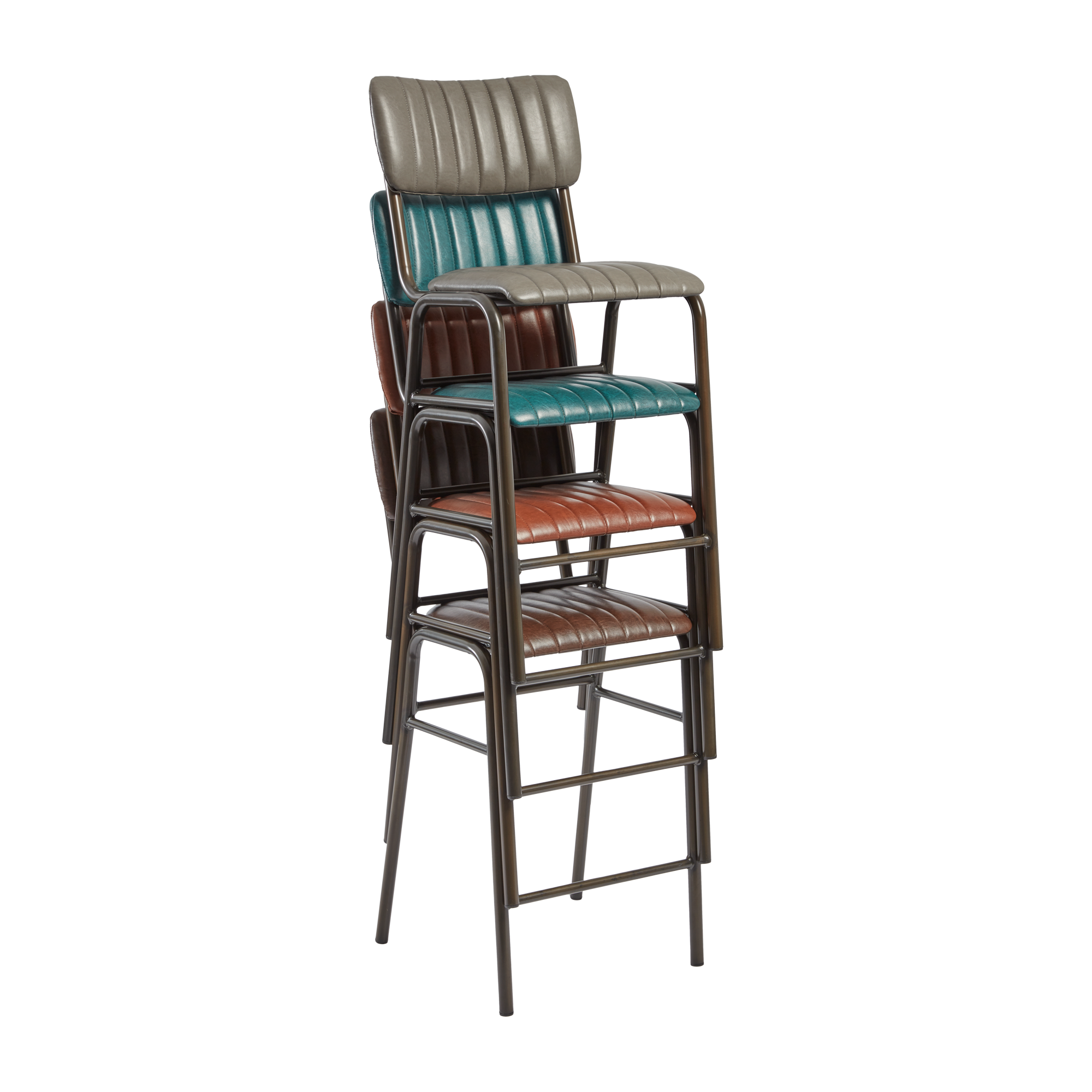 Four stacked Tavo Stacking Mid Height Bar Stool - Ribbed - Lascari Vintage Black stools with ribbed upholstery in varied vintage colors, designed for commercial and hospitality use.