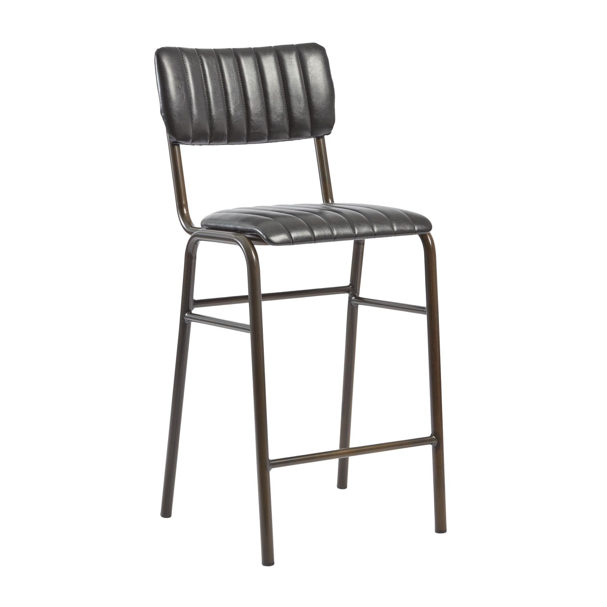 Tavo Stacking Mid Height Bar Stool - Ribbed - Lascari Vintage Black with ribbed upholstered seat and backrest on a sturdy metal frame, designed for commercial and hospitality settings.
