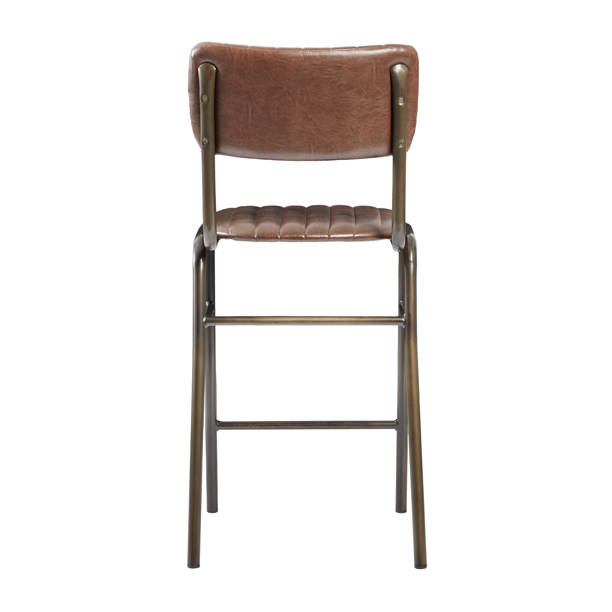 Rear view of the Tavo Stacking Mid Height Bar Stool - Ribbed - Lascari Vintage Brown featuring a ribbed brown leather seat and backrest with a sturdy metal frame designed for commercial and hospitality environments.
