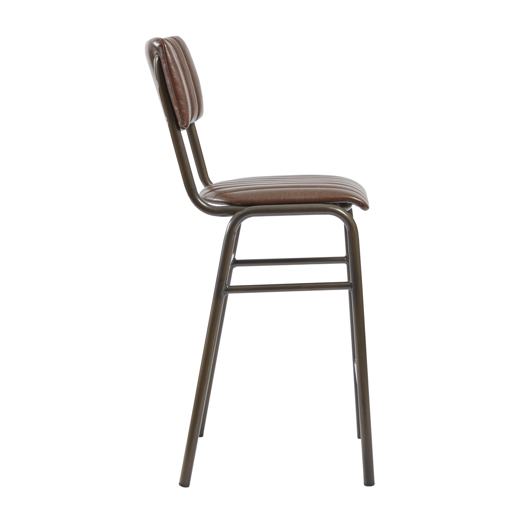 Tavo Stacking Mid Height Bar Stool - Ribbed - Lascari Vintage Brown with a ribbed cushioned seat and backrest, supported by a sturdy metal frame designed for stacking.