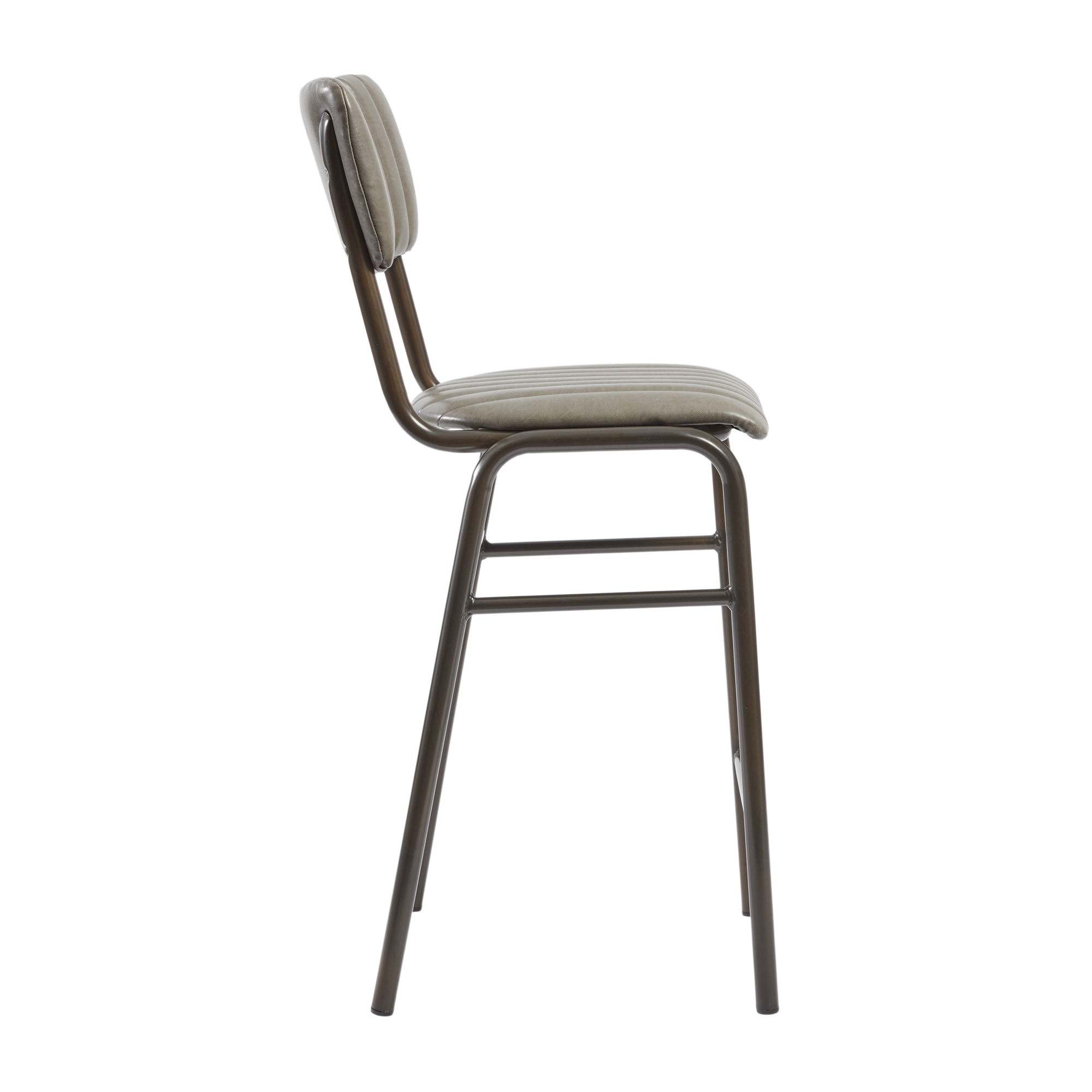 Side view of the Tavo Stacking Mid Height Bar Stool - Ribbed - Lascari Vintage Dark Grey featuring a ribbed vintage grey upholstered seat and backrest with a sturdy metal frame designed for commercial and hospitality use.