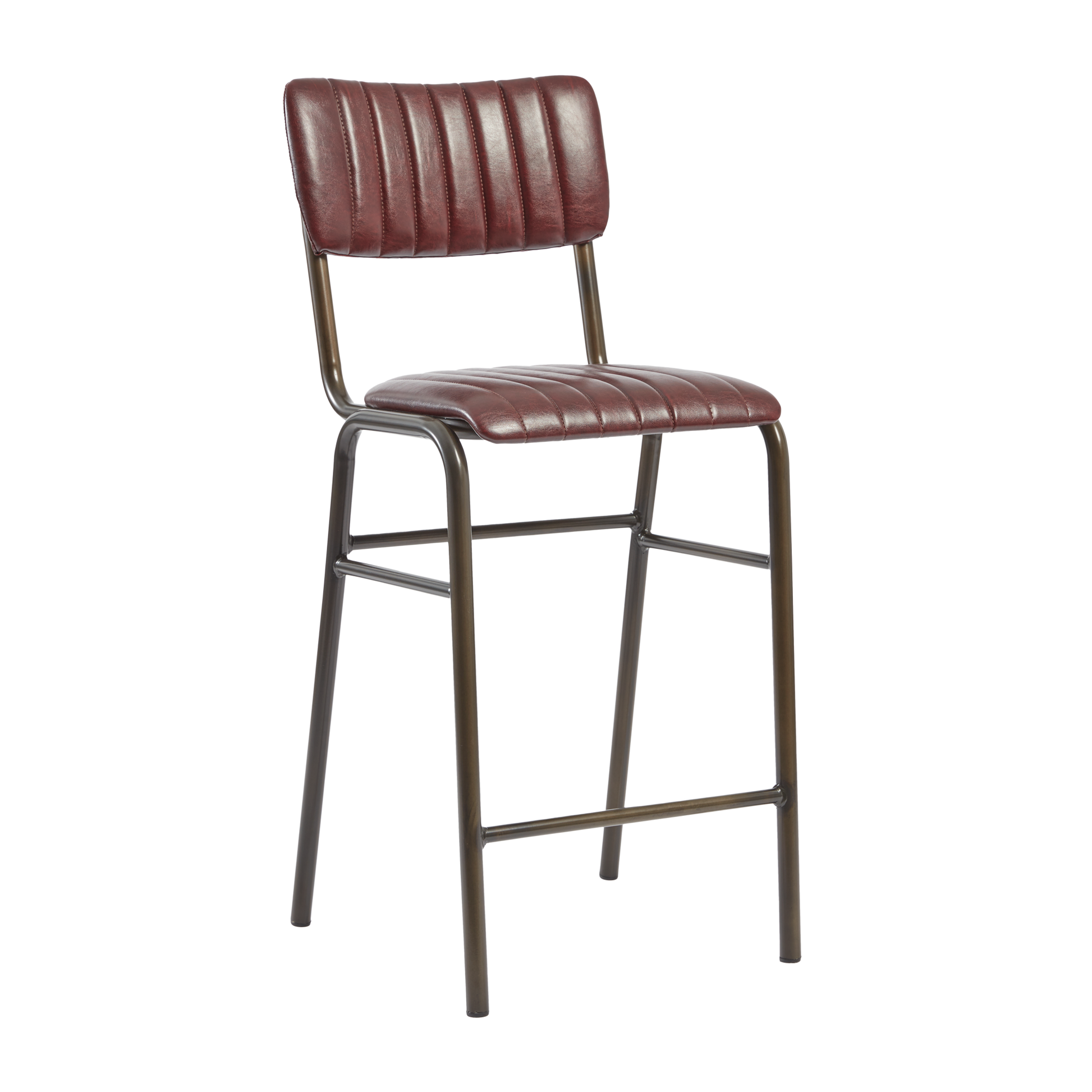 Tavo Stacking Mid Height Bar Stool - Ribbed - Lascari Vintage Red with a ribbed upholstered seat and backrest in vintage red, supported by a durable bronze metal frame ideal for commercial spaces.