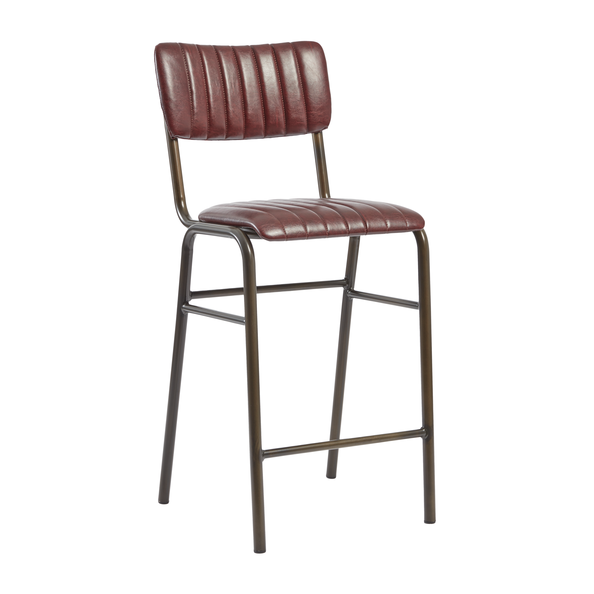 Tavo Stacking Mid Height Bar Stool - Ribbed - Lascari Vintage Red with a ribbed upholstered seat and backrest in vintage red, supported by a durable bronze metal frame ideal for commercial spaces.