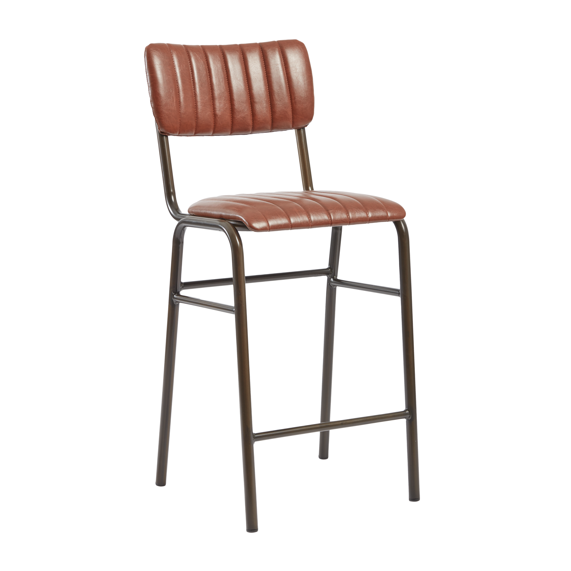 Tavo Stacking Mid Height Bar Stool - Ribbed - Lascari Vintage Tan features a ribbed vintage tan leather seat and backrest with a sleek dark metal frame, ideal for commercial and hospitality settings.