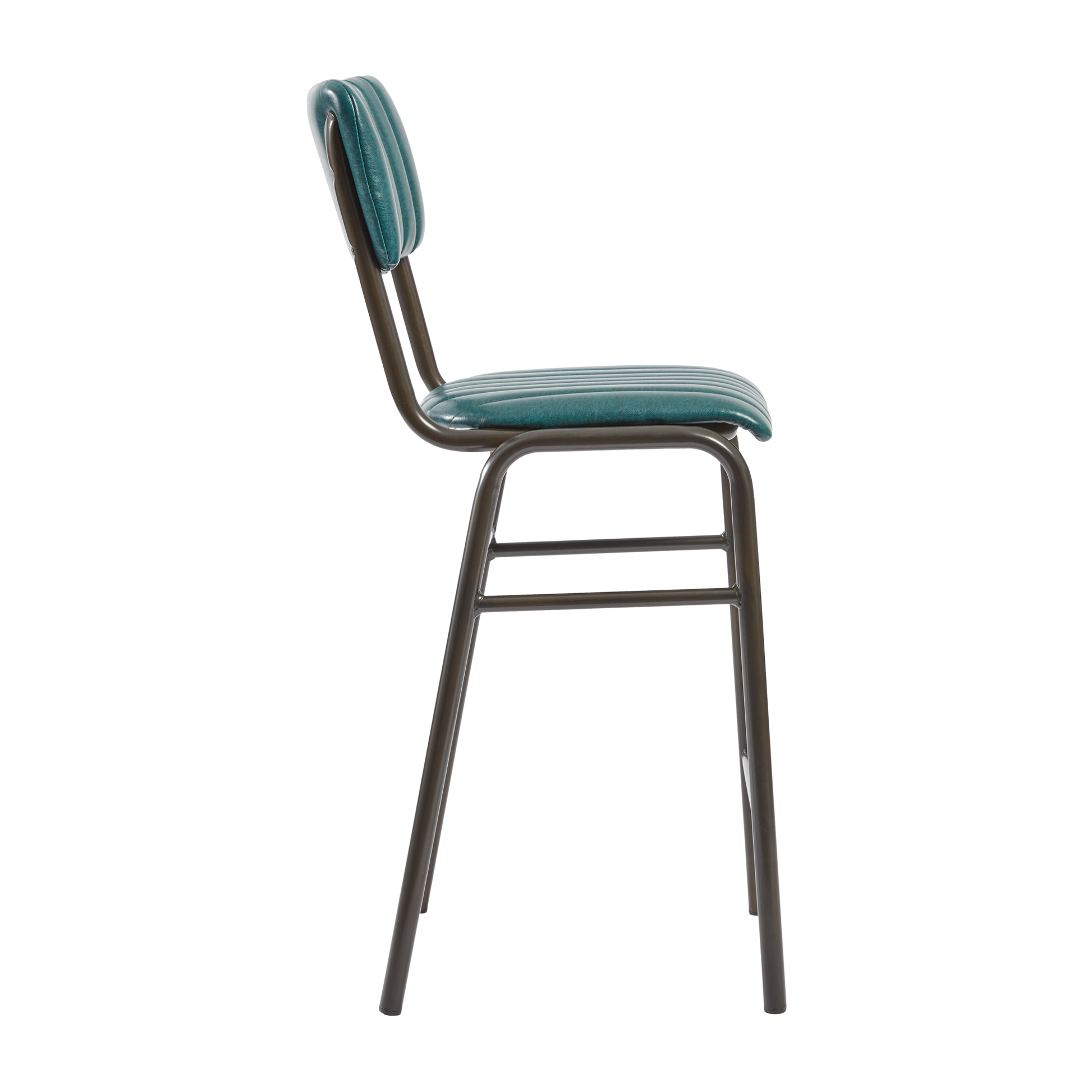 Side view of Tavo Stacking Mid Height Bar Stool - Ribbed - Lascari Vintage Teal with a ribbed vintage teal upholstered seat and backrest, supported by a sturdy dark metal frame.