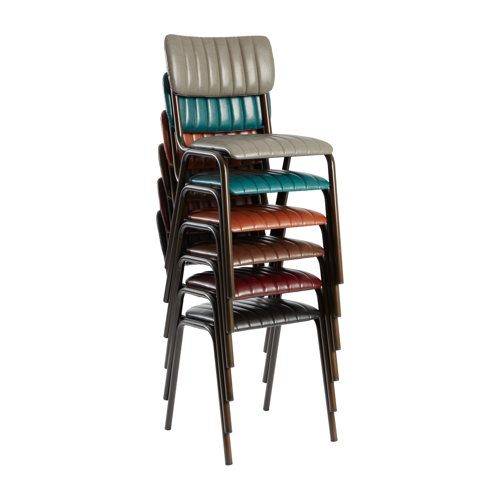 Stacked Tavo Stacking Side Chair - Ribbed - Lascari Vintage Dark Grey with ribbed upholstery in multiple colors and sleek metal legs, designed for commercial and hospitality environments.