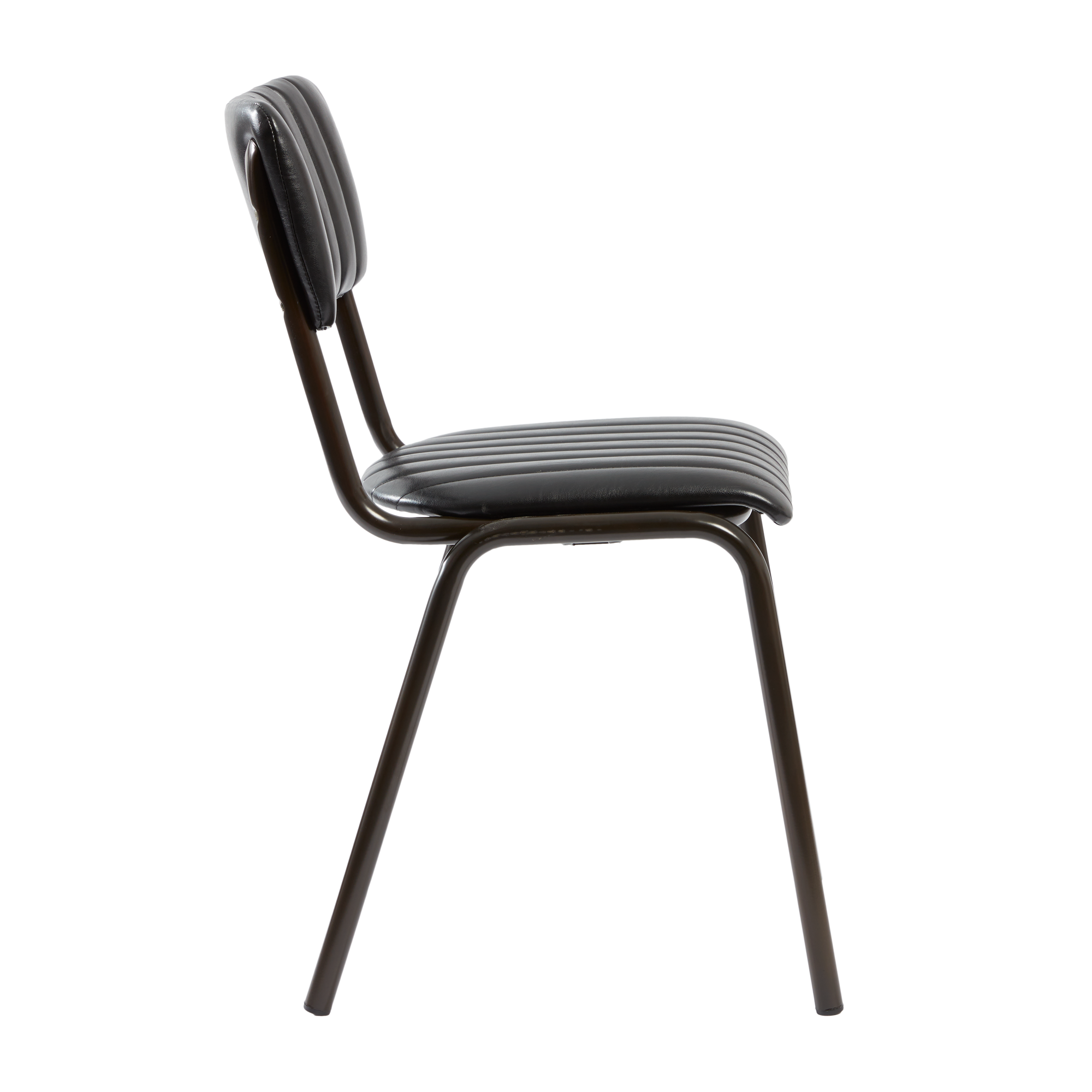 Tavo Stacking Side Chair - Ribbed - Lascari Vintage Black with ribbed padded seat and backrest on a sturdy dark metal frame, designed for commercial and hospitality settings.