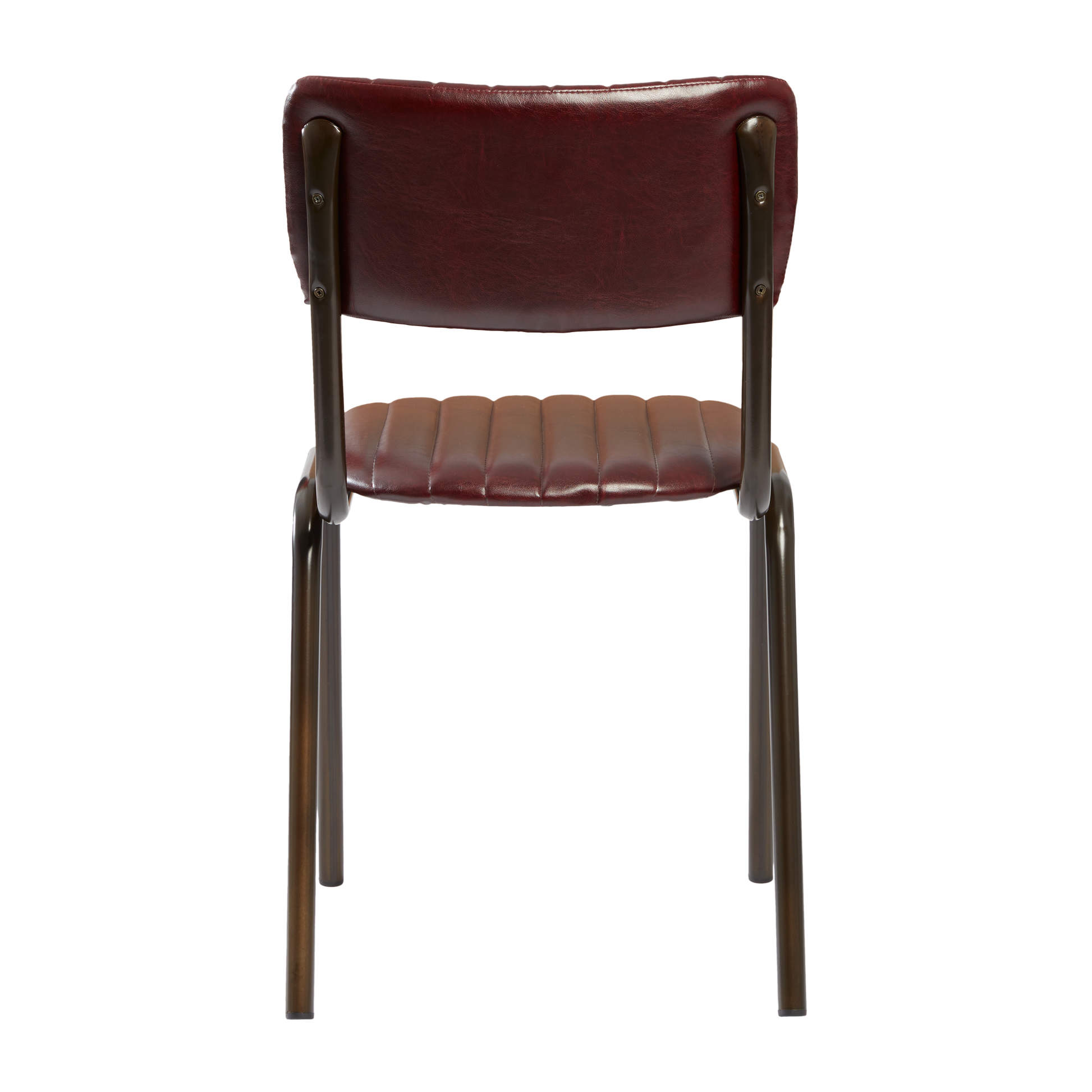 Tavo Stacking Side Chair - Ribbed - Lascari Vintage Red showing padded ribbed seat and backrest with dark metal frame, designed for commercial seating and hospitality environments.