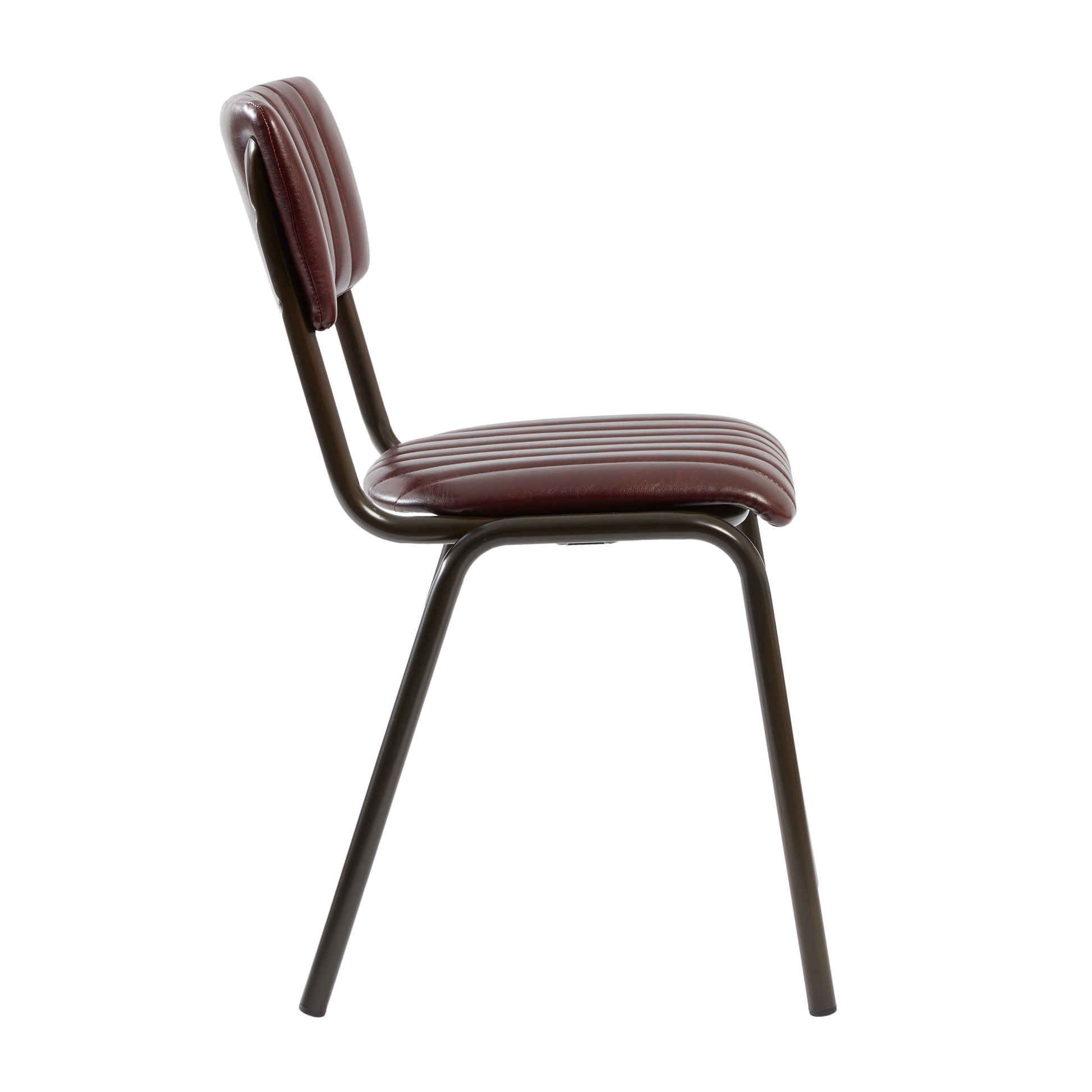 Side view of the Tavo Stacking Side Chair - Ribbed - Lascari Vintage Red featuring ribbed upholstery and a sturdy metal frame designed for commercial and hospitality environments.