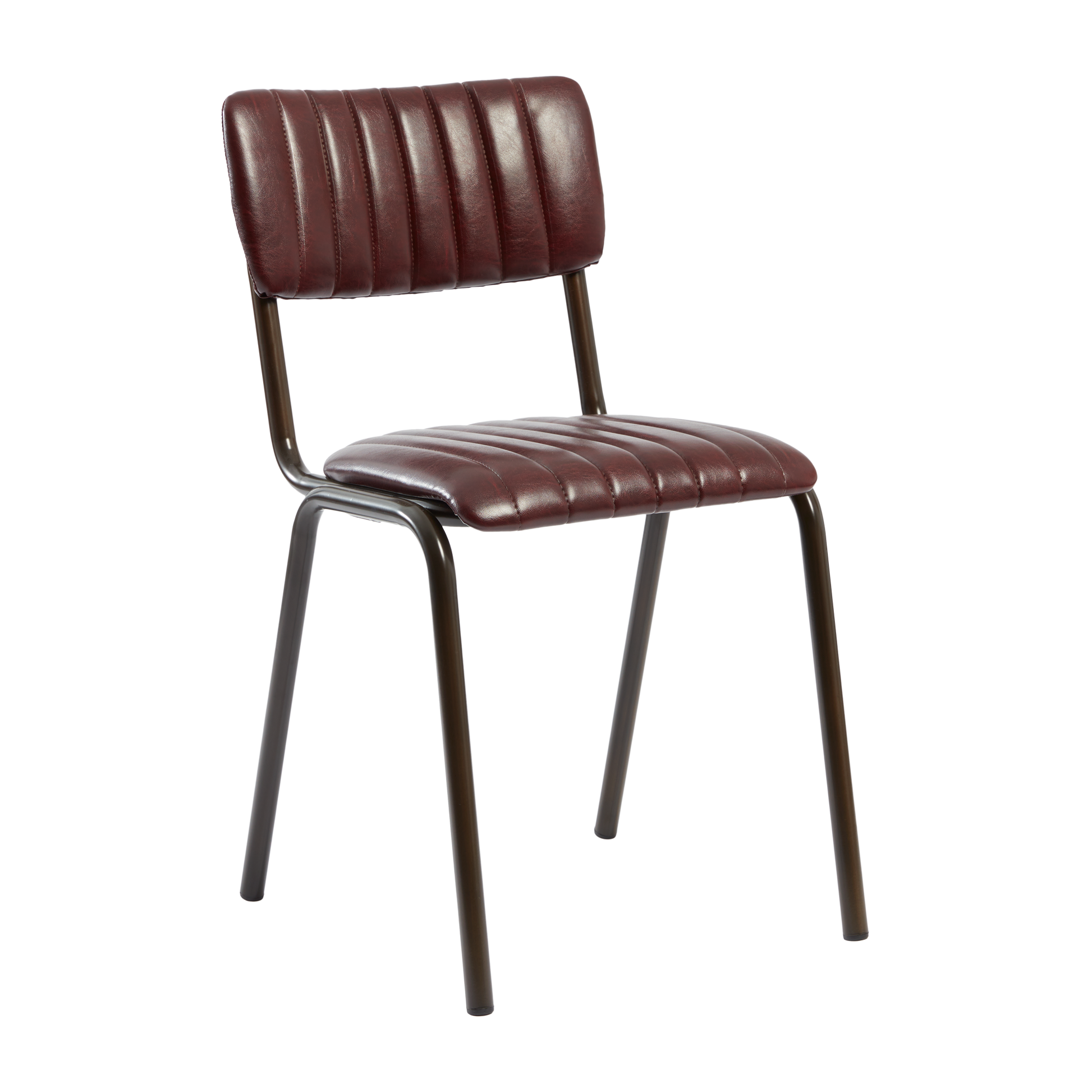 Tavo Stacking Side Chair - Ribbed - Lascari Vintage Red featuring ribbed vintage red upholstery and sturdy dark metal legs, designed for commercial-grade durability and stylish contract furniture settings.
