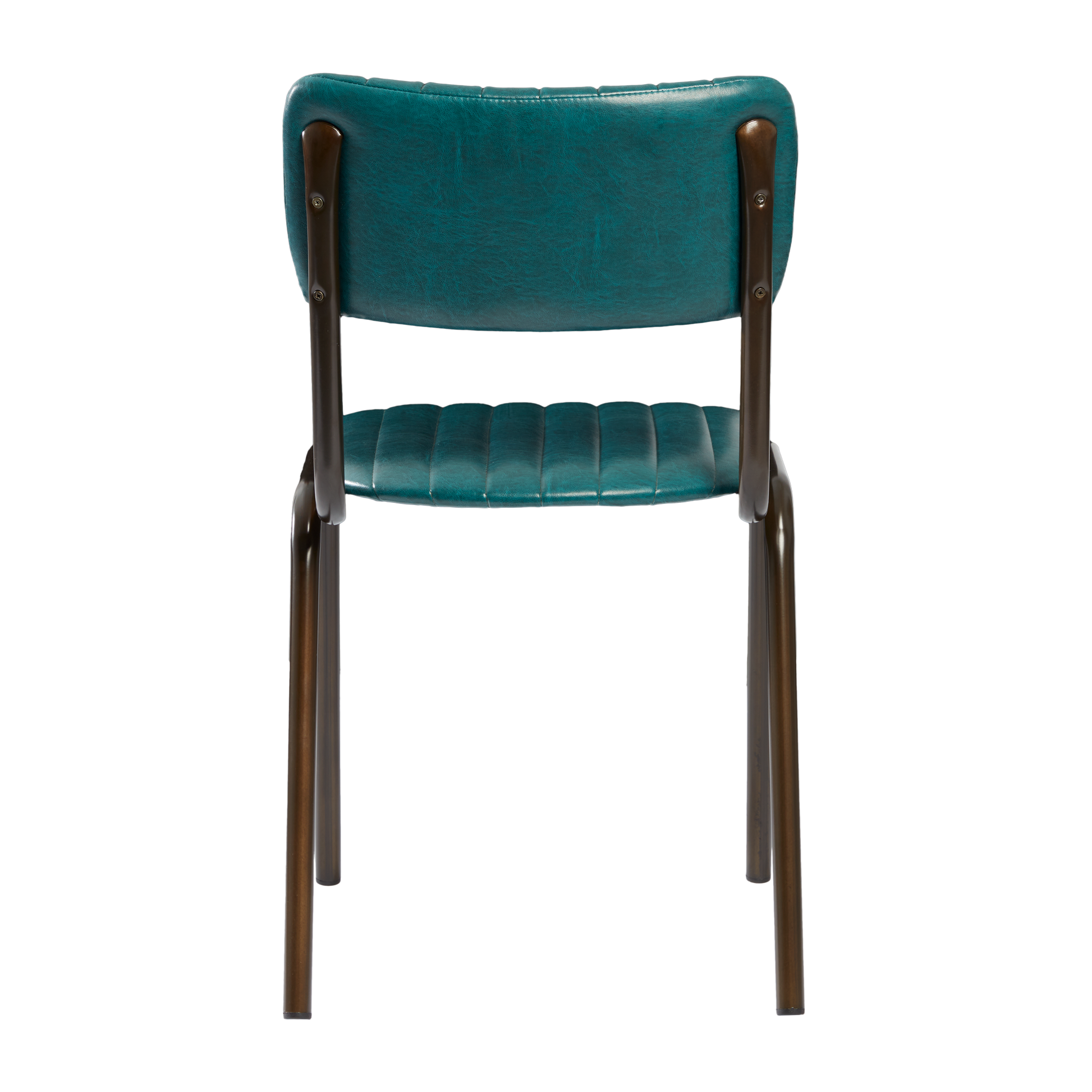 Rear view of Tavo Stacking Side Chair - Ribbed - Lascari Vintage Teal with ribbed upholstery and sturdy dark metal frame, designed for durable commercial and hospitality use.