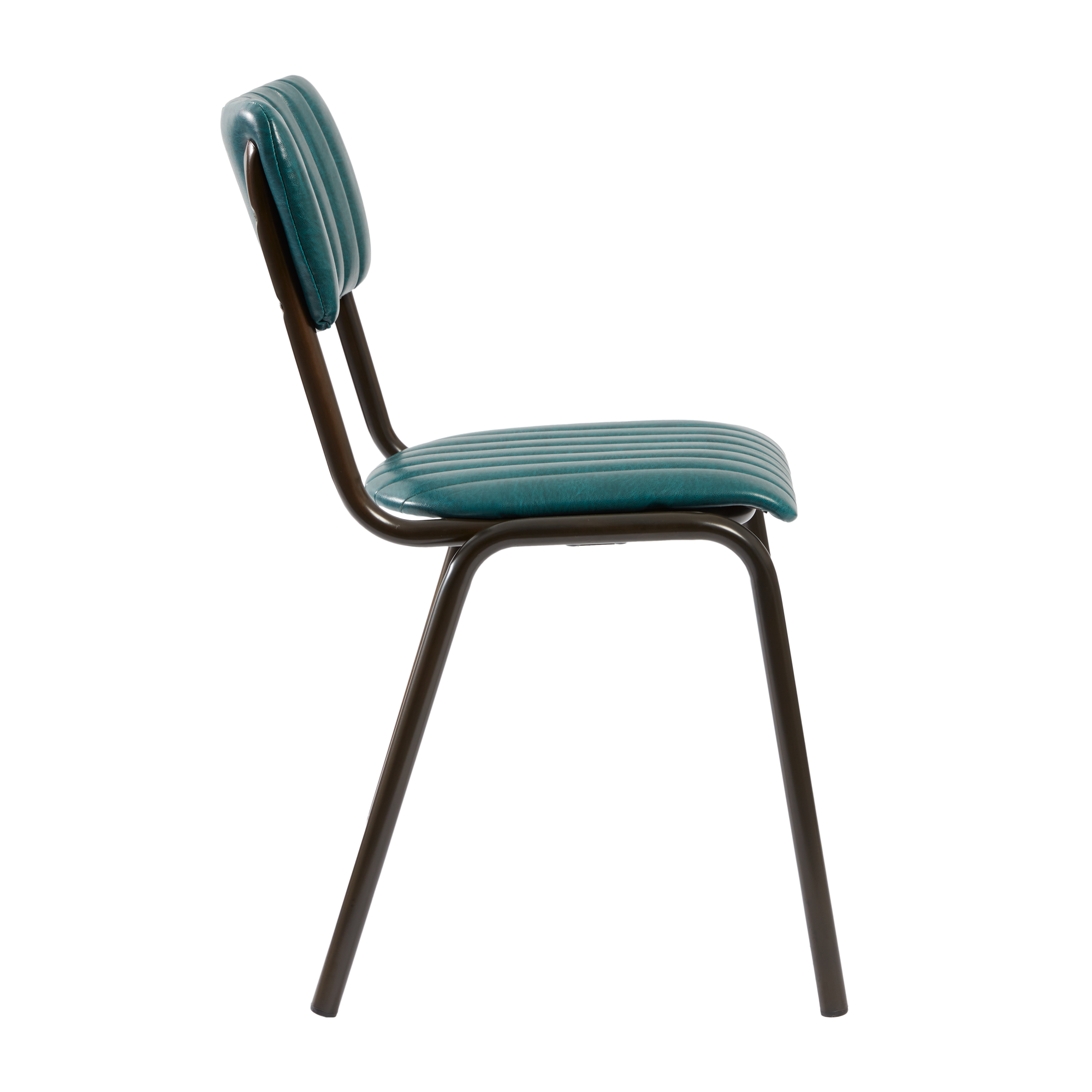 Side view of the Tavo Stacking Side Chair - Ribbed - Lascari Vintage Teal, featuring a ribbed upholstered seat and backrest with a sturdy metal frame designed for commercial and hospitality use.