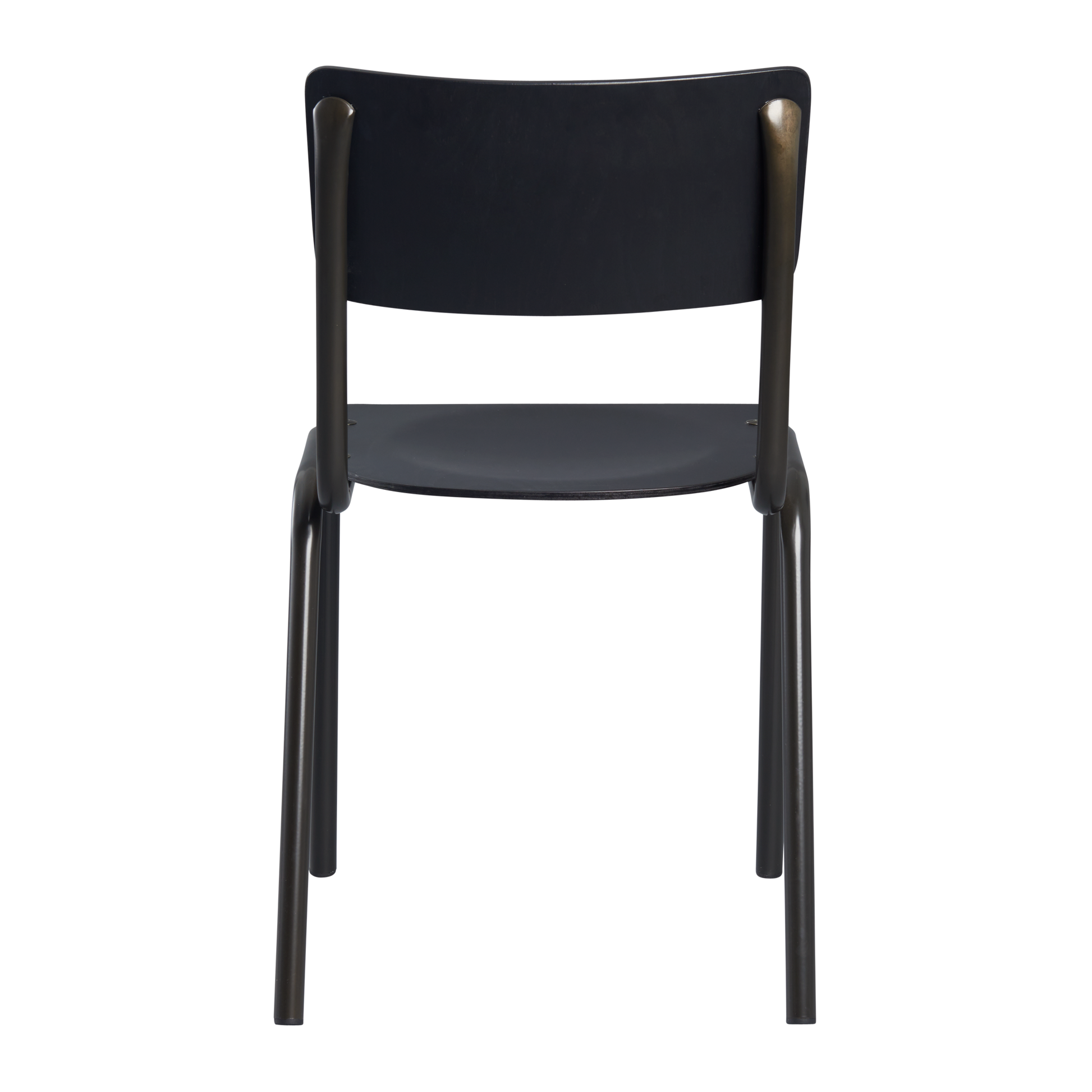 Rear view of the Tavo Stacking Side Chair - Wooden Seat & Back - Black, featuring a sleek, minimalist metal frame and a durable wooden seat and backrest designed for commercial and hospitality environments.