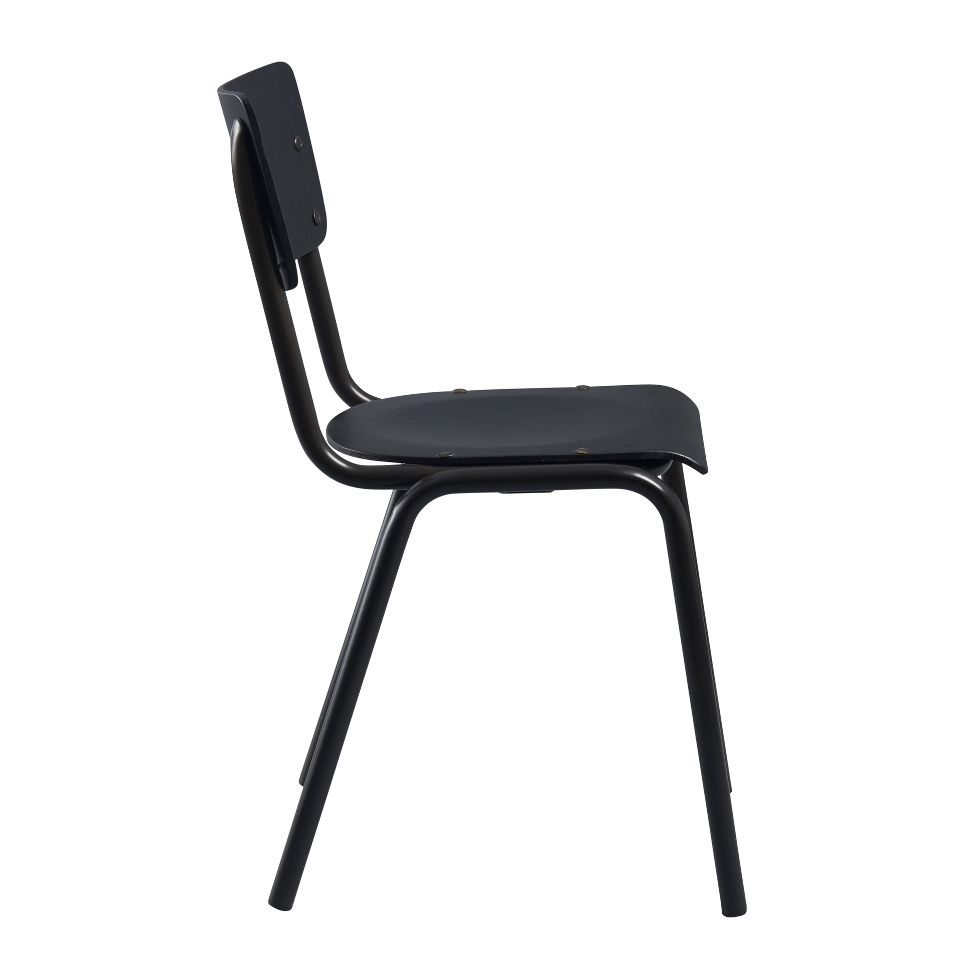 Side view of the Tavo Stacking Side Chair - Wooden Seat & Back - Black, featuring a sleek metal frame with a stacked-ready design suitable for commercial interiors.
