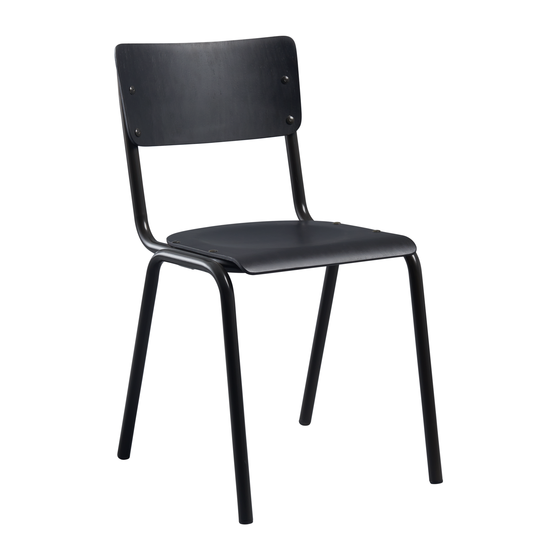 Tavo Stacking Side Chair - Wooden Seat & Back - Black with a minimalist metal frame, designed for stacking and durability, ideal for commercial and hospitality use.