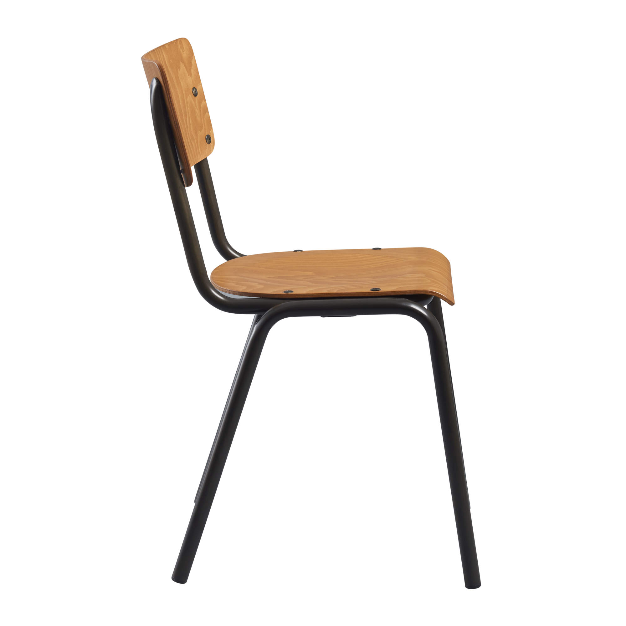 Side view of the Tavo Stacking Side Chair - Wooden Seat & Back - Oak featuring a sleek black metal frame with a curved oak wooden seat and backrest designed for commercial and hospitality use.
